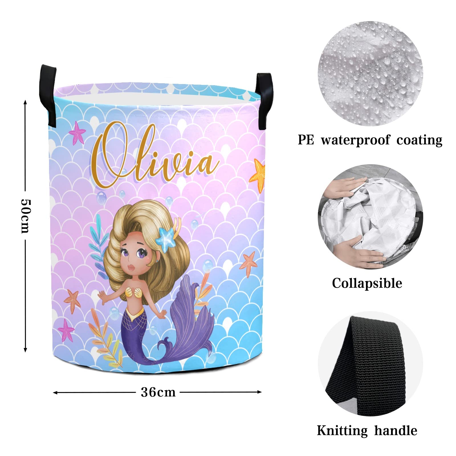 **Personalized Mermaid Laundry Basket for Girls - Custom Name Kids Laundry Hamper (Style 07) - Perfect for Nursery, Bedroom & Playroom Organization**