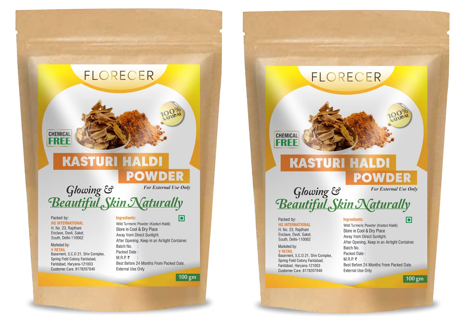 Florecer Kasturi Haldi Powder for Face Beauty - Pure Kasturi Manjal Turmeric Powder (Pack of 2) - Natural Skin Brightening & Acne Treatment for Glowing Complexion