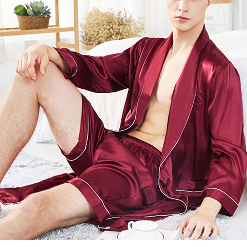 Luxury Men's Kimono Robe with Shorts - Lightweight Satin Bathrobe for Summer & Lounge Wear - Red Large Size - Perfect for Spa, Beach Cover-Up & Home Relaxation