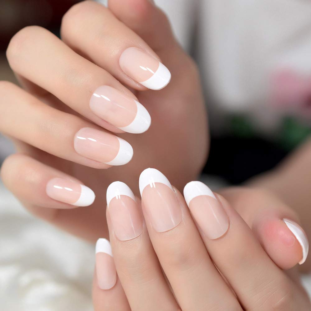 24-Pack Beige Acrylic French Fake Nails - Medium Length Oval Artificial Nails with Salon Nail Art Tips for Manicure & Nail Extension | Perfect for Weddings, Parties & Daily Wear