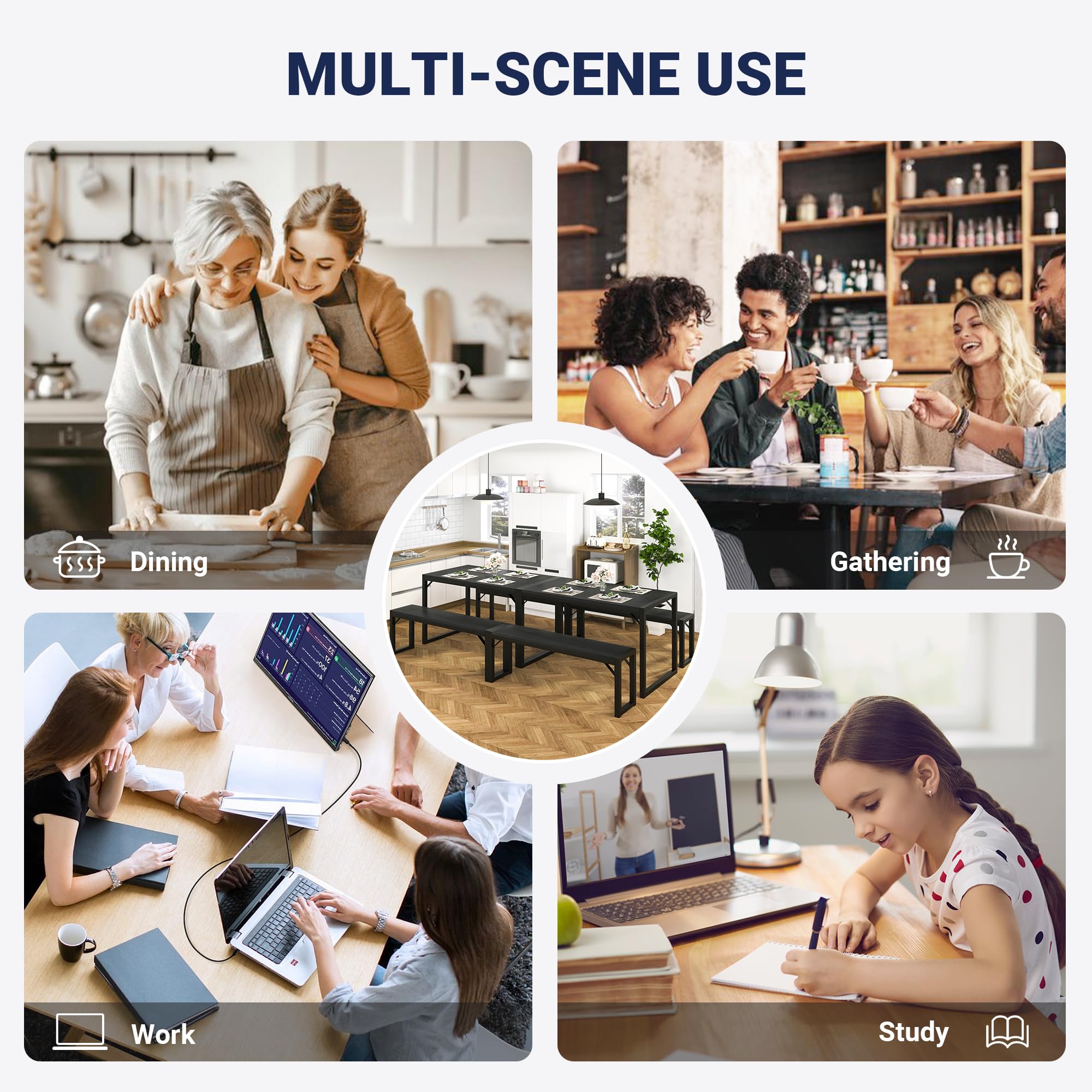 Allewie 3-Piece Dining Table Set with Benches - Heavy Duty Metal Space-Saving Kitchen Table for Small Spaces, Black Legs & Wooden Top - Perfect for Apartments, Studios, Living Rooms & Compact Dining Areas