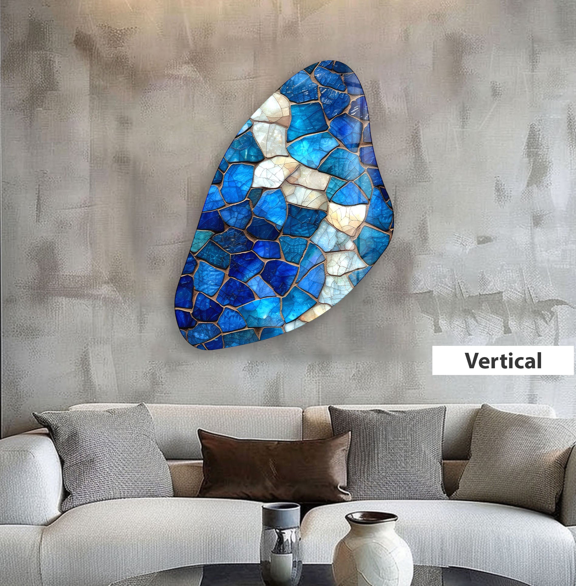 Handmade Blue Mosaic Asymmetrical Glass Wall Art - Modern Abstract Home Decor for Living Room, Bedroom & Office