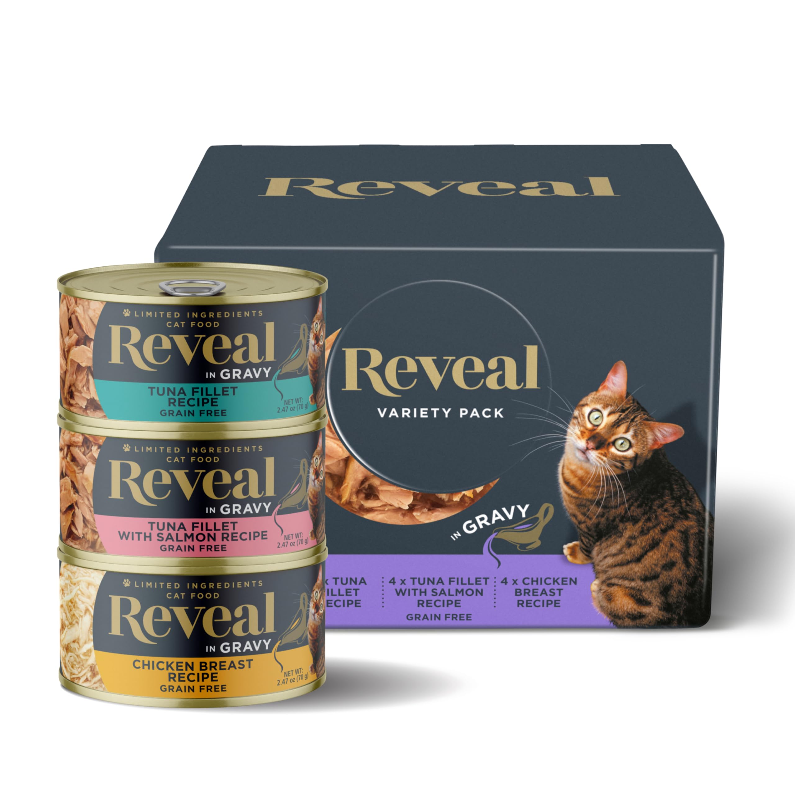 **Reveal Natural Grain-Free Wet Cat Food, 12-Pack (2.47 oz Cans) – Limited Ingredient Canned Cat Food with Fish & Chicken in Gravy – Perfect for Sensitive Stomachs & Picky Eaters**    *(Use Case: Ideal for pet owners seeking high-quality, grain-free wet cat food with simple ingredients for sensitive digestion or finicky cats.)*
