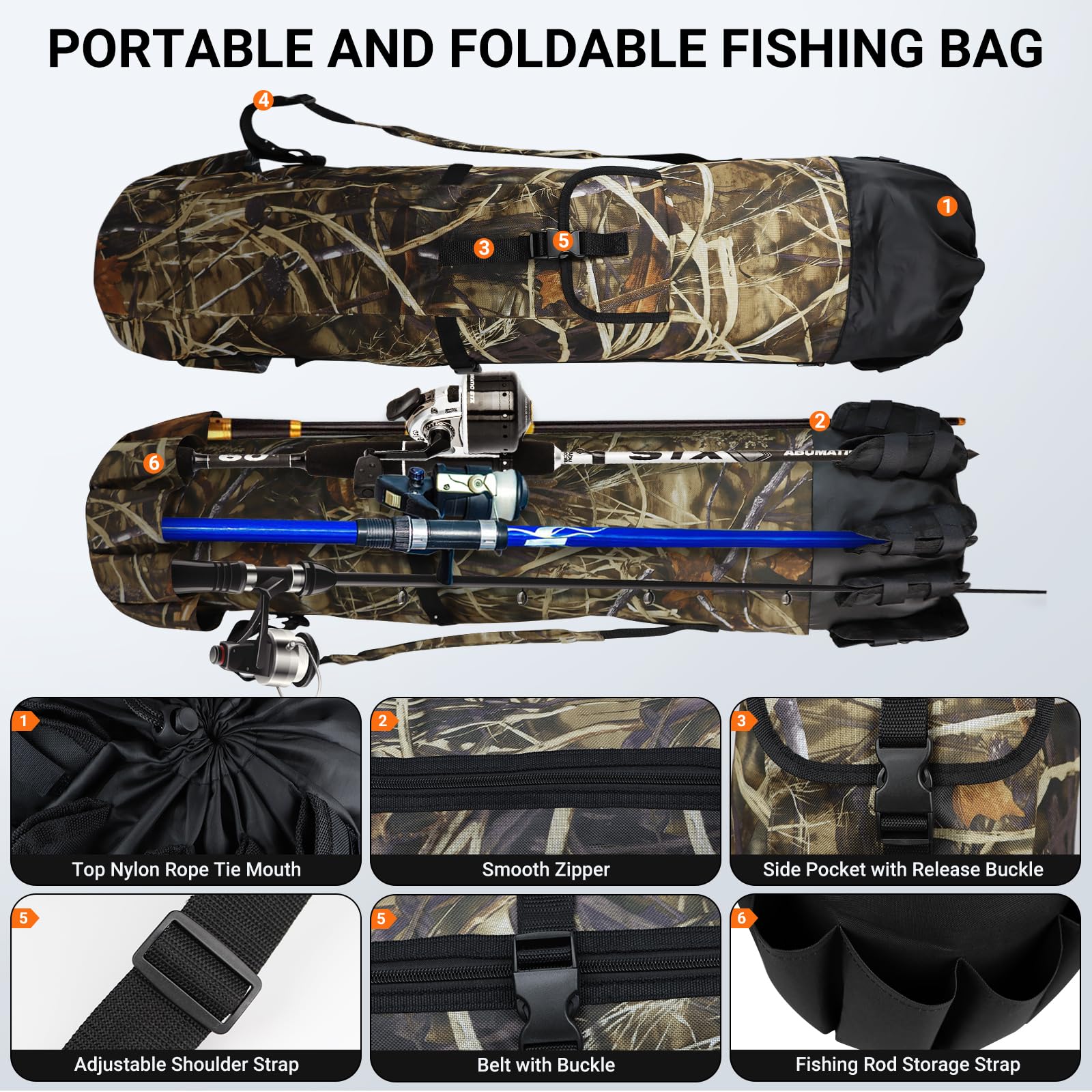 MXiiXM Durable Camouflage Fishing Rod Bag - Waterproof Oxford Fabric Fishing Pole Carrier Case for Men - Perfect for Travel, Storage & Fishing Gifts - Portable Fishing Gear & Equipment for Freshwater & Saltwater Anglers
