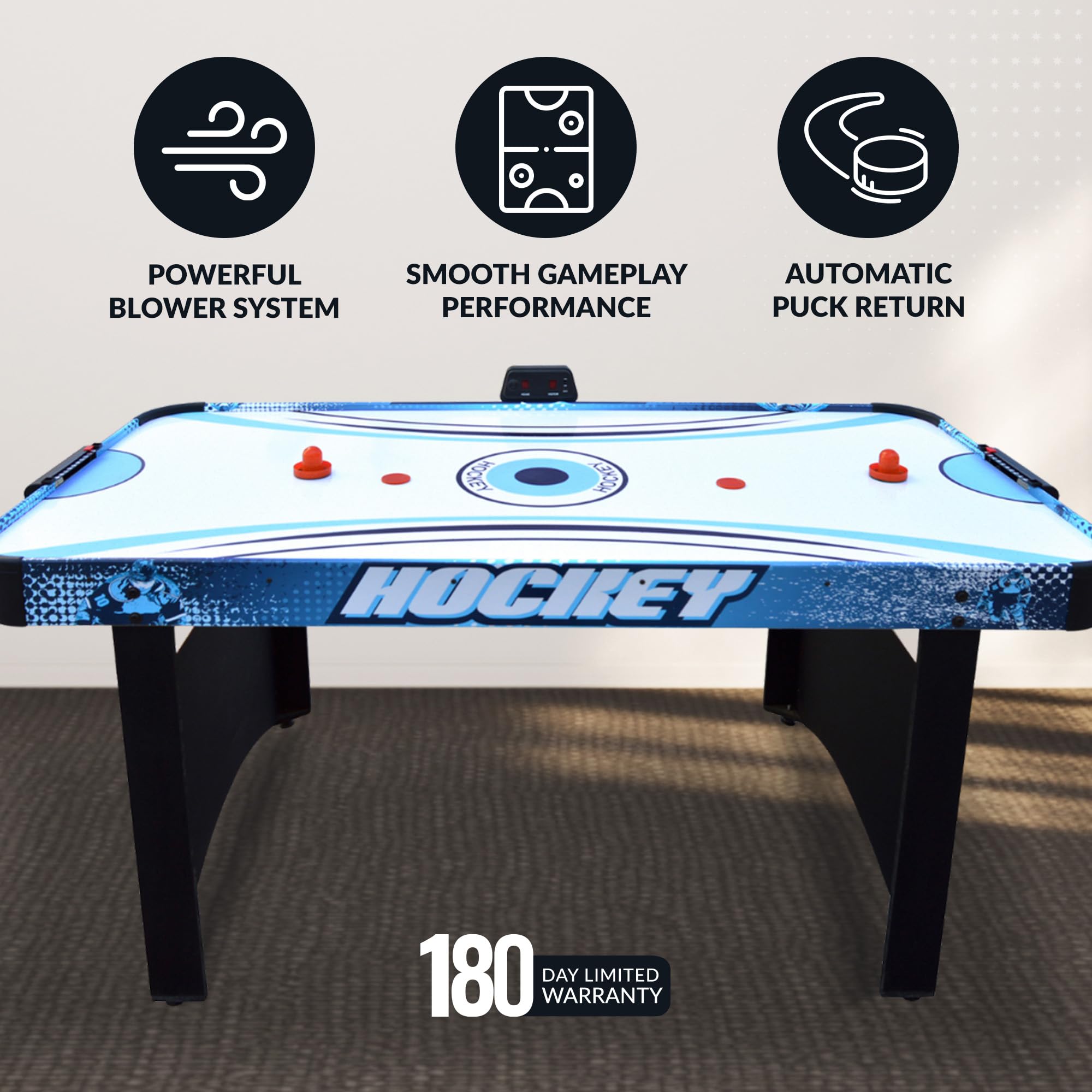 Hathaway Enforcer 5.5 Ft Air Hockey Table with LED Scoring & High-Output Blower - Blue & White Finish for Family Game Room, Arcade, Basement or Man Cave - Includes Strikers, Pucks & Manual Backup System