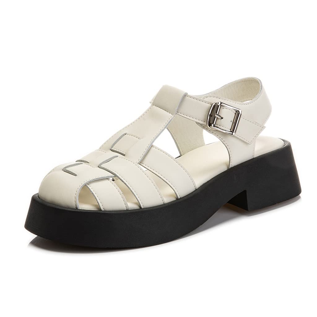 Women's Closed Toe Roman Sandals with Buckle Design - Summer Casual Thick Heel Shoes (White, Size 37) - Perfect for Beach, Vacation & Everyday Wear