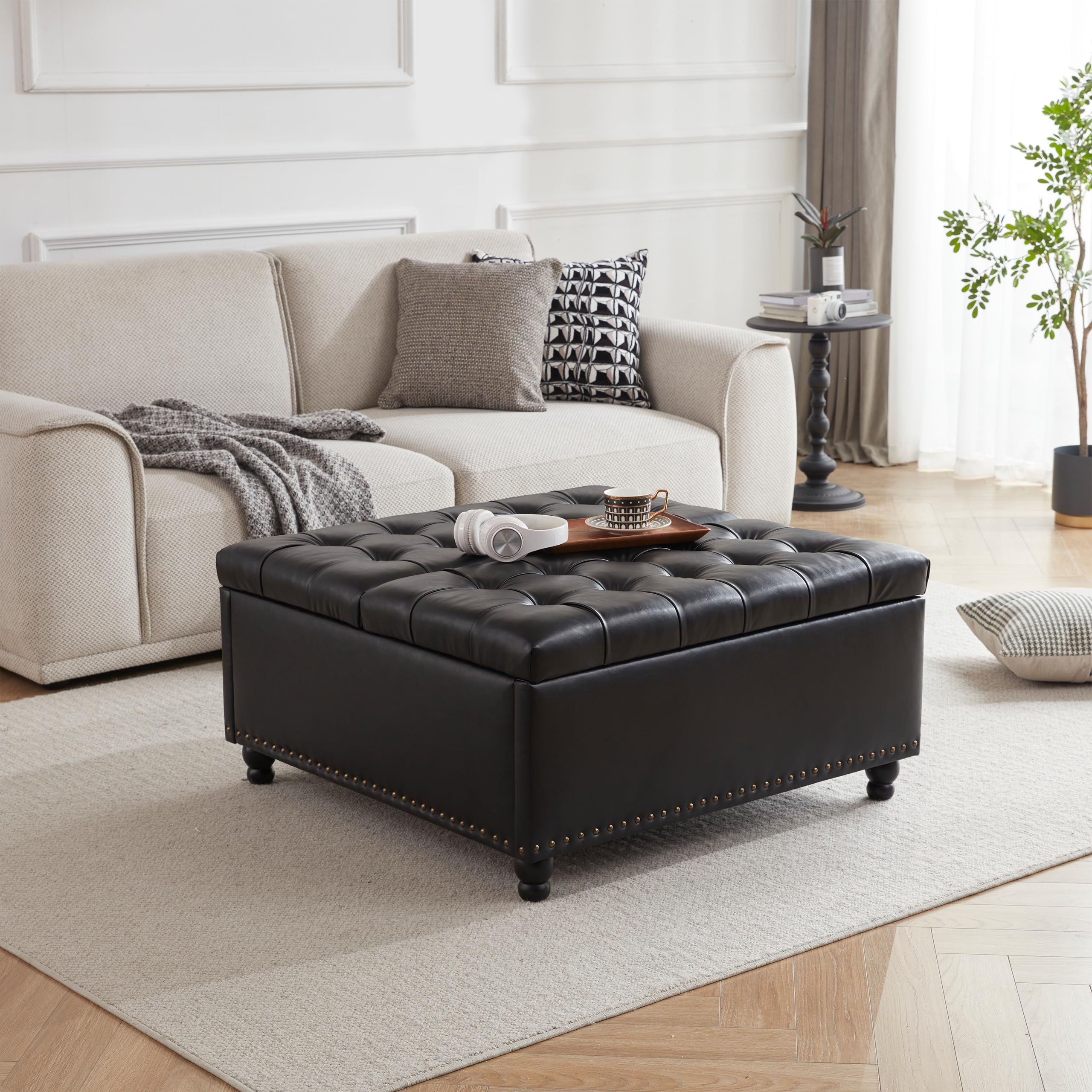 Tbfit Large Square Storage Ottoman Bench - Tufted Upholstered Coffee Table with Hidden Storage | Oversized Multi-Functional Ottoman Toy Box for Living Room, Bedroom & Nursery (Black) - Perfect for Extra Seating, Home Organization & Kids Toy Storage