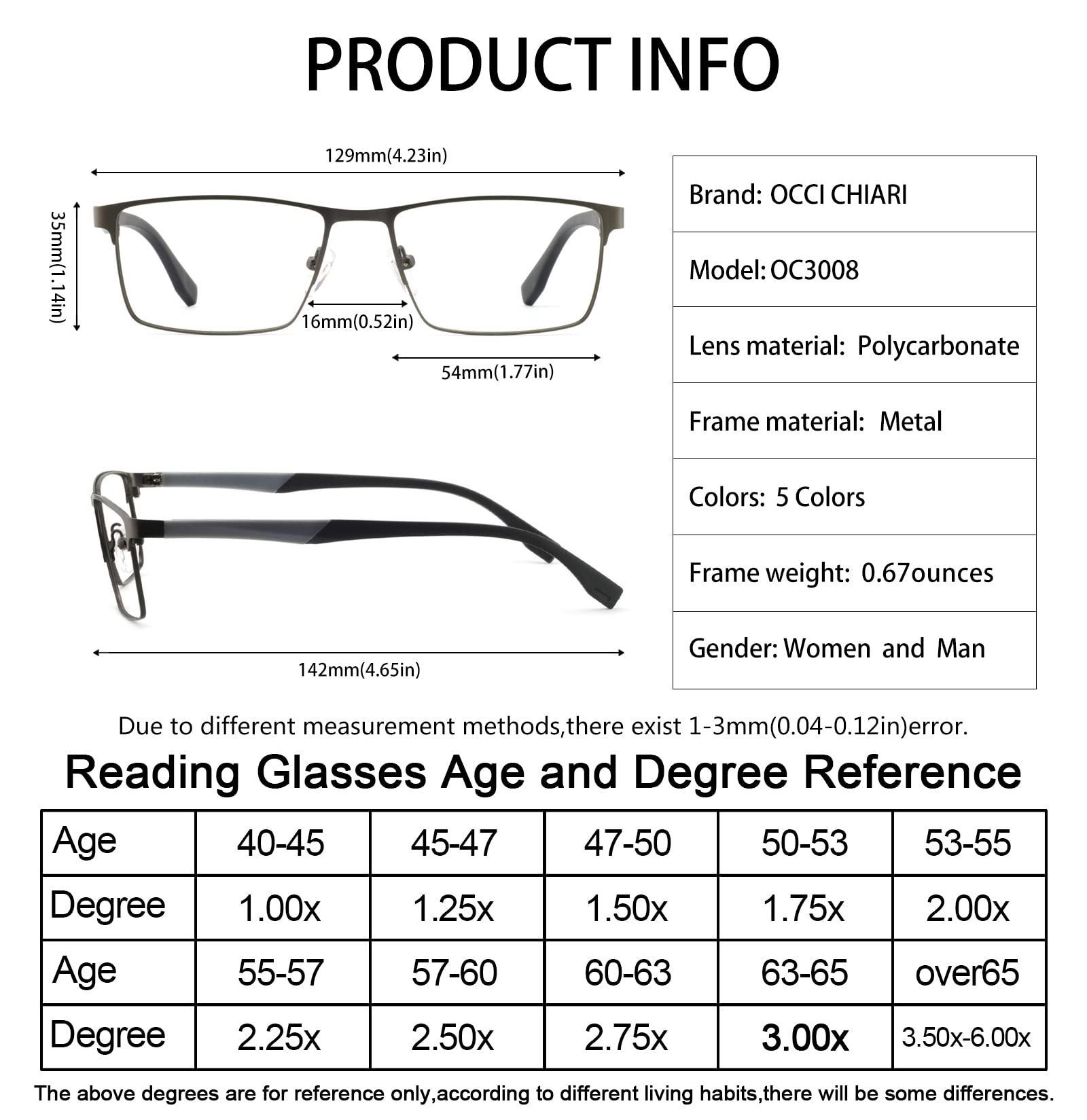 Stylish OCCI CHIARI Reading Glasses for Women & Men - Fashionable Eyewear Frames for Work, Reading & Daily Use