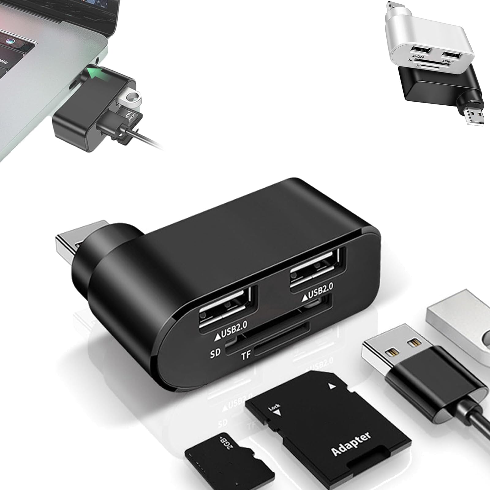 4-in-1 Rotatable USB C Hub with HDMI Adapter - 180° Swivel USB 2.0 Ports, TF/SD Card Reader - Compatible with MacBook, Laptops & External HDD | Perfect for Home Office, Travel & Multi-Device Connectivity (Black)