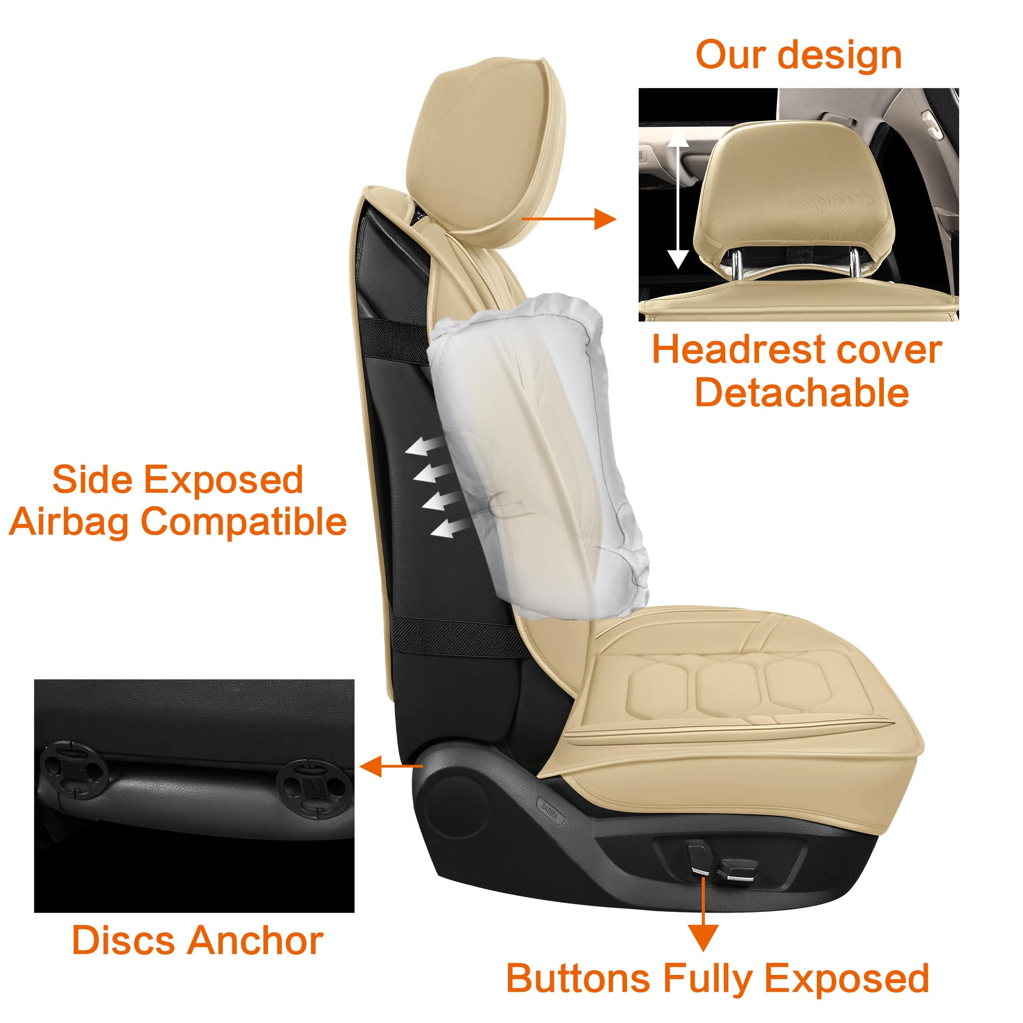 Premium Waterproof Faux Leather Car Seat Covers Front Pair - Breathable Non-Slip Universal Fit for Most Sedans, Trucks & SUVs | Perfect for Daily Commute, Road Trips & Family Travel (Beige)