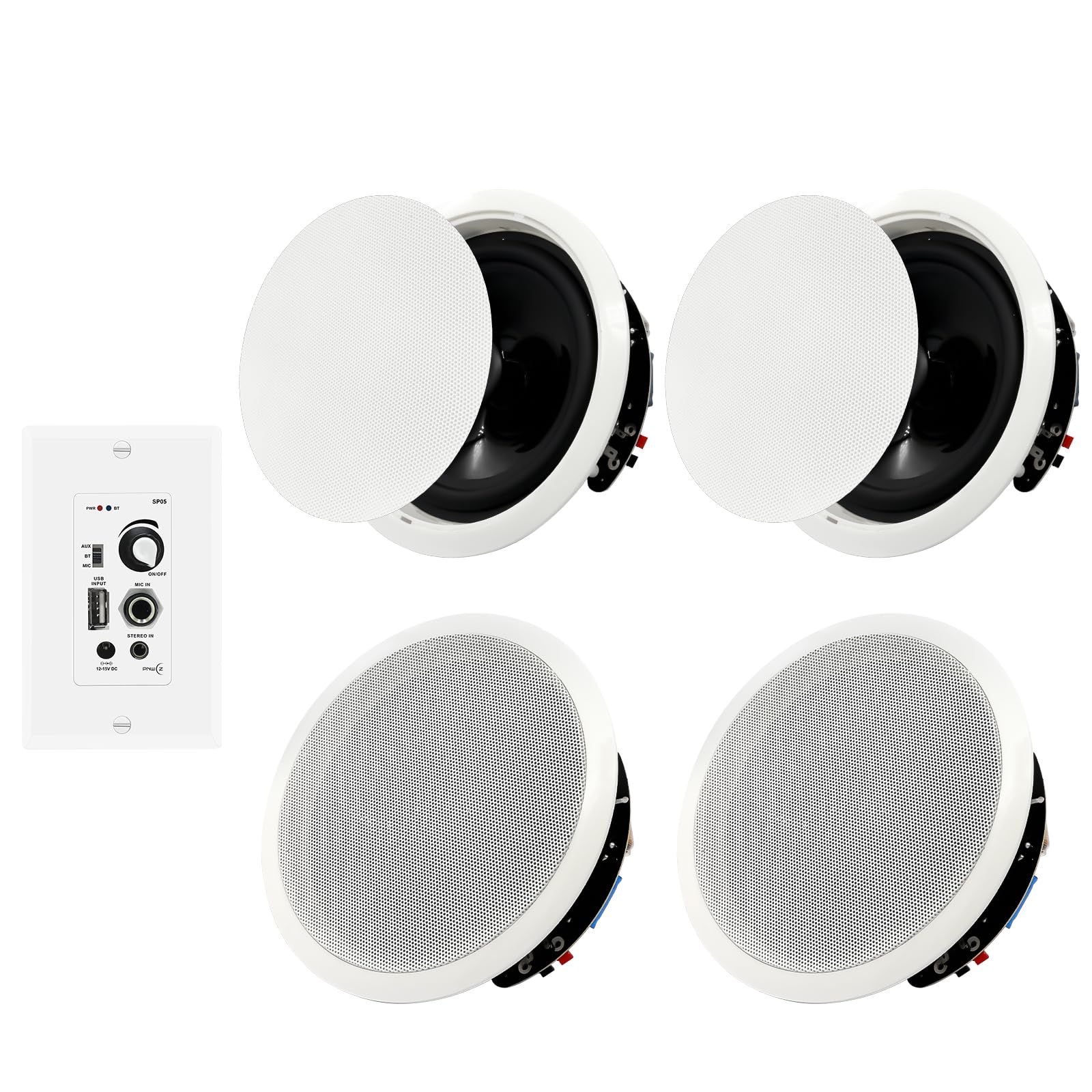 6.5'' Bluetooth In-Ceiling Speakers with Wall Amplifier Receiver - 600W Flush Mount Ceiling & In-Wall Speaker System for Home Theater, Office, Bathroom, Living Room & Kitchen (2 Pairs) - Perfect for Whole-House Audio, Background Music & Immersive Entertainment