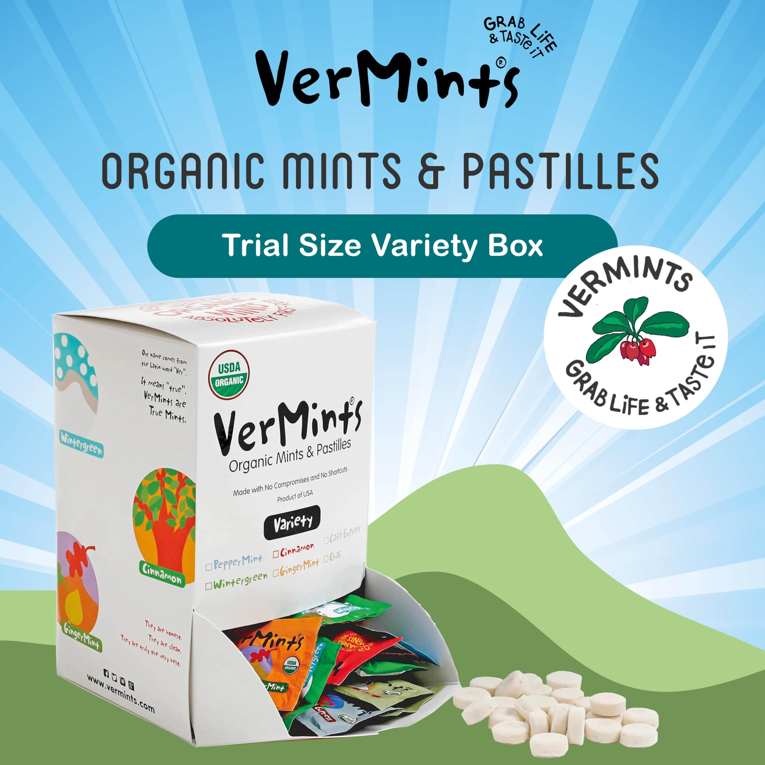 VerMints Organic Breath Mints Variety Pack - 2 Pack (120 Count, Trial Size) | Refreshing Peppermint & Spearmint | Perfect for On-the-Go Freshness, Office Use & After Meals