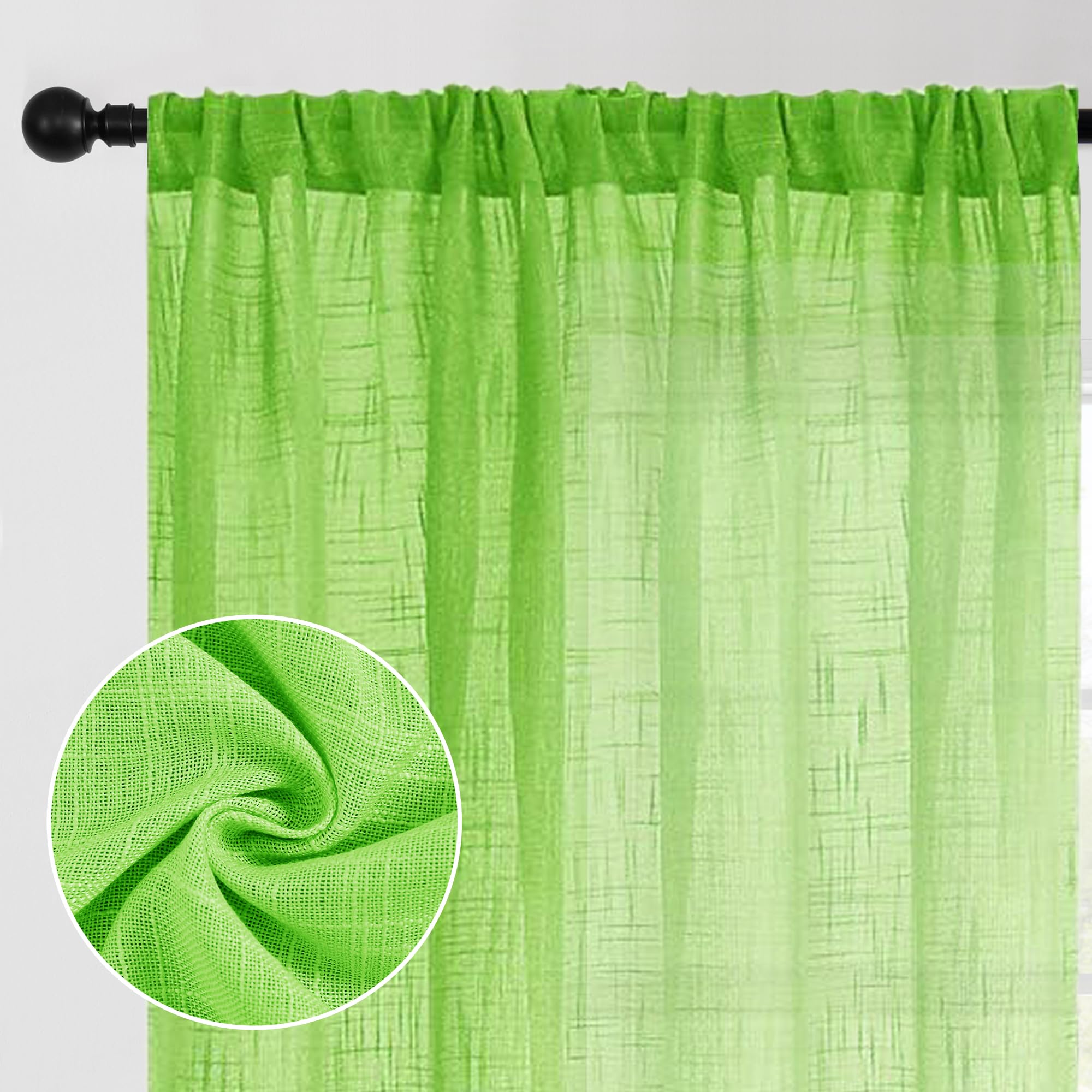 DWCN Green Sheer Curtains - Faux Linen Textured Weave Rod Pocket Window Panels (Set of 2, 52x63 Inches) for Living Room, Bedroom & Office - Light Filtering Semi Voile Drapes for Privacy & Natural Light