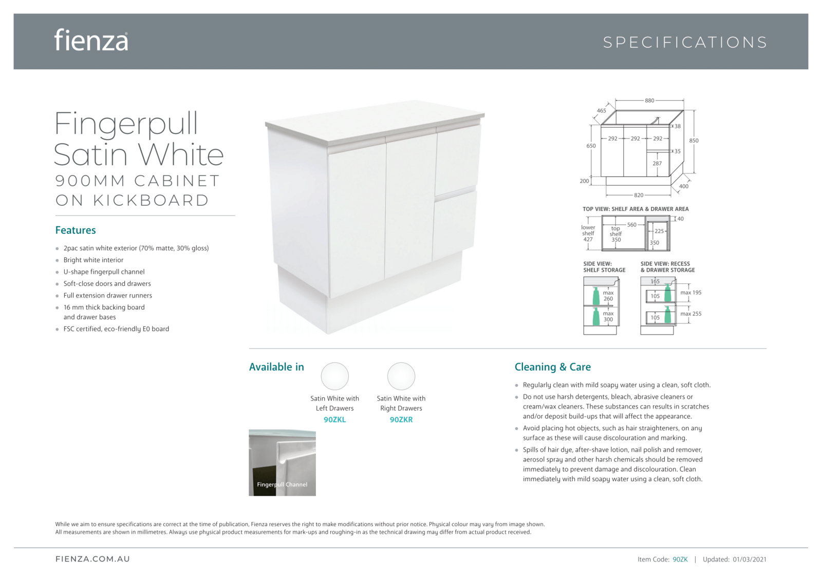 Fienza JOL90ZKL Joli 900mm Fingerpull Vanity with Kickboard - Left Drawers in Satin White | Modern Bathroom Sink Cabinet for Small Spaces & Master Bathrooms