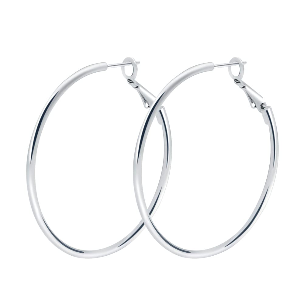 925 Sterling Silver Post Hoop Earrings for Women - 18K White Gold Plated Polished Round Hoops - Elegant Everyday Jewelry for Work, Date Night & Special Occasions - Gift Box Included