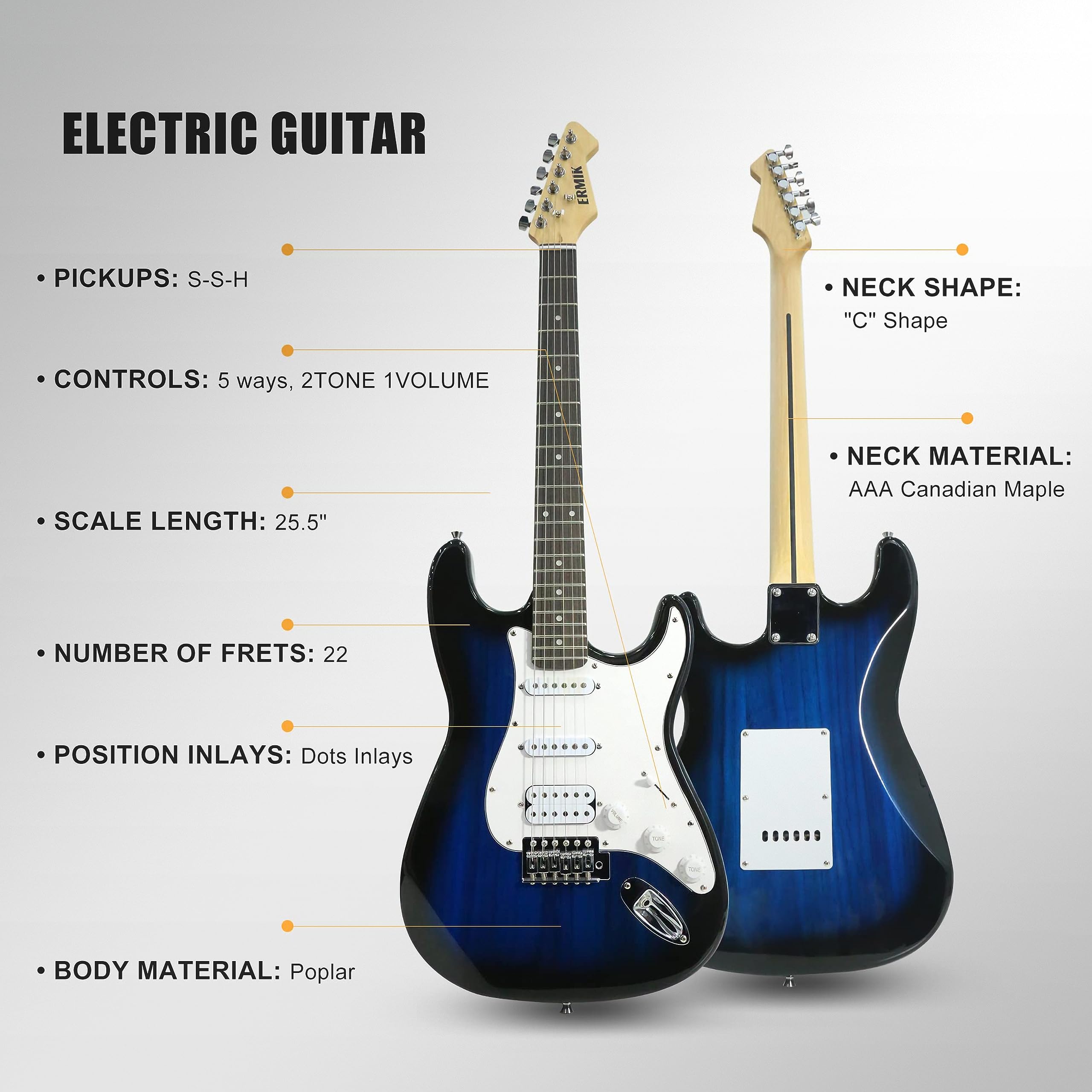**Ermik Solid Body Electric Guitar Kit with 20W Amp, Strings, Strap, Digital Tuner, Picks, Gig Bag, Cable, Tremolo Bar – 39