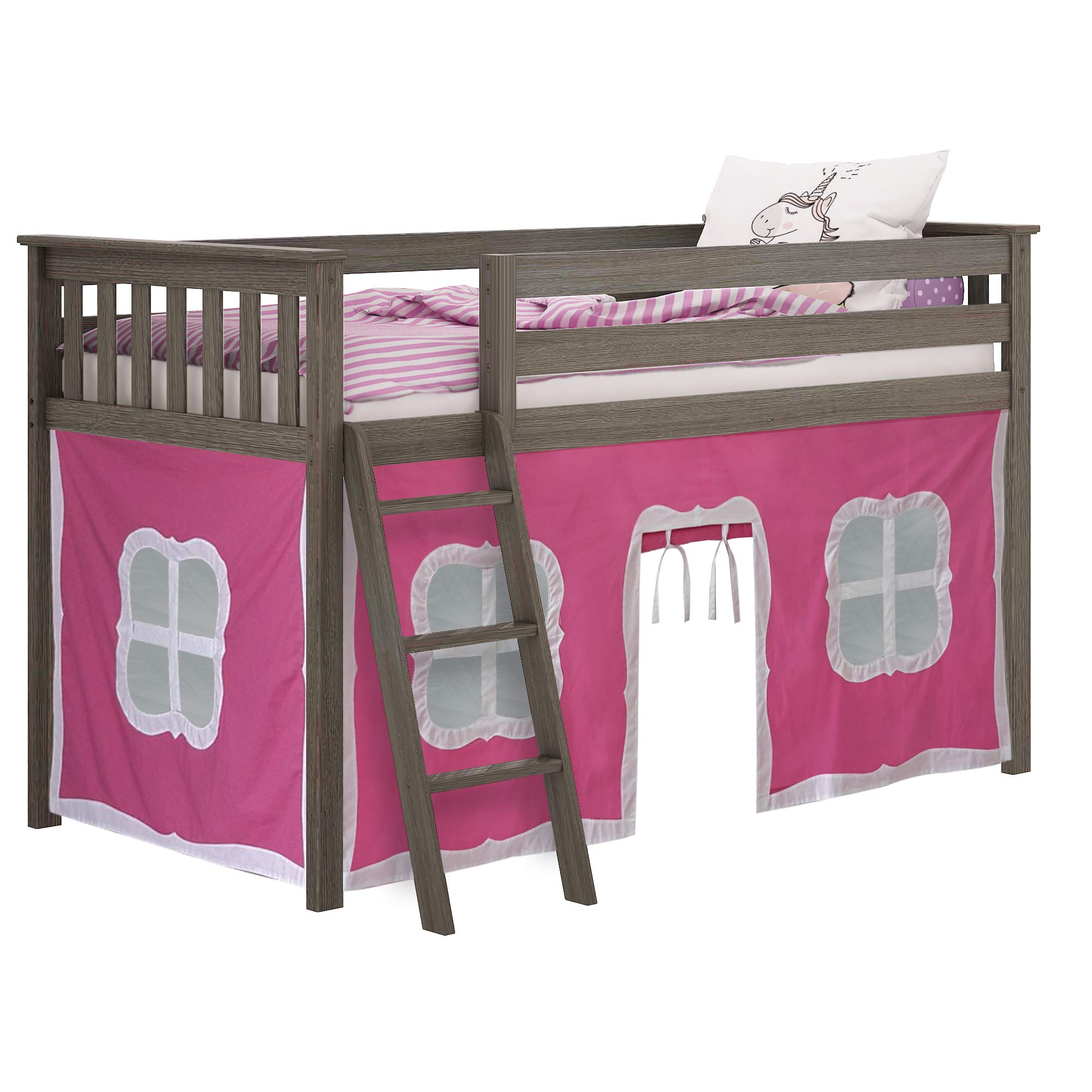 Max & Lily Low Loft Twin Bed Frame for Kids with Play Curtains - Clay & Pink Color - Perfect for Small Bedrooms, Playrooms & Sleepovers