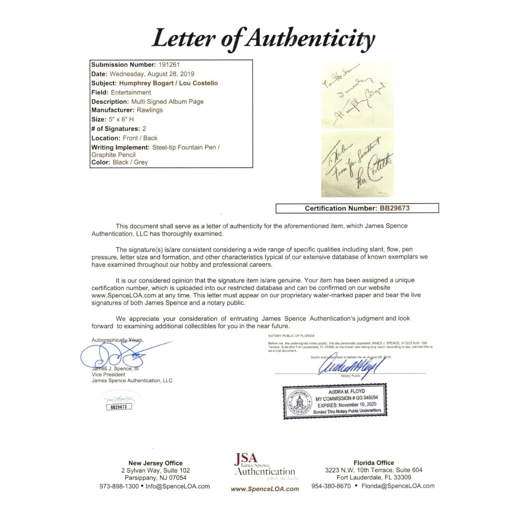 Humphrey Bogart & Lou Costello Dual Signed Album Page Cut - JSA COA Authenticated - Rare Abbott & Costello Casablanca Autograph - Perfect for Movie Memorabilia Collectors & Classic Film Fans