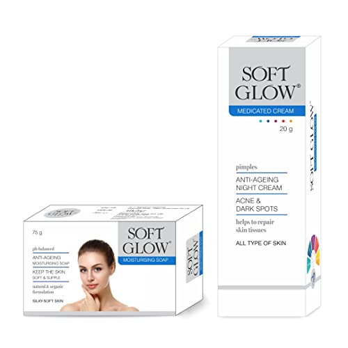 Soft Glow 1 Cream & 1 Moisturizing Soap Combo Pack for Acne, Pimples, Dark Spots - Anti-Aging Treatment for Fairness & Skin Brightening - Perfect for Daily Skincare Routine & Dark Circle Reduction