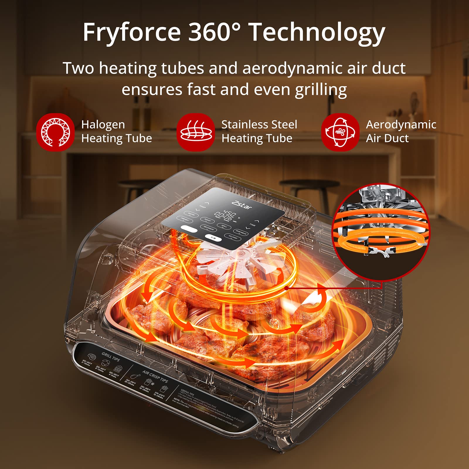 **Zstar 7-in-1 Indoor Grill & Air Fryer Combo – 1750W Smokeless Electric Grill with See-Through Window, Non-Stick Plates & Even Heat (Up to 450°F) – Includes Silicone Tongs & 4Qt Capacity – Perfect for Healthy Cooking, Grilling, Air Frying & More**