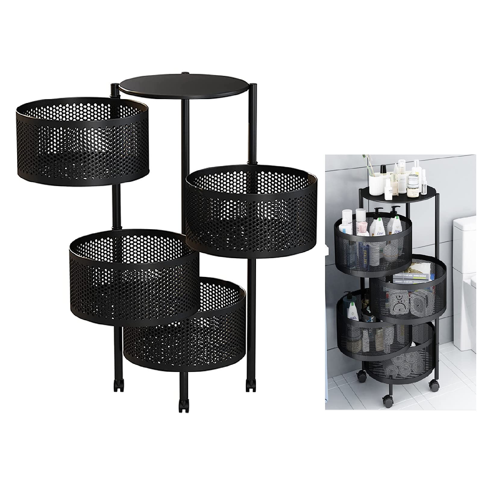 Rotating Kitchen Storage Rack - 4-Tier Black Spinning Organizer for Fruits, Vegetables & Household Items | Space-Saving Solution for Kitchen, Pantry & Bathroom | Perfect for Small Spaces & Clutter-Free Organization