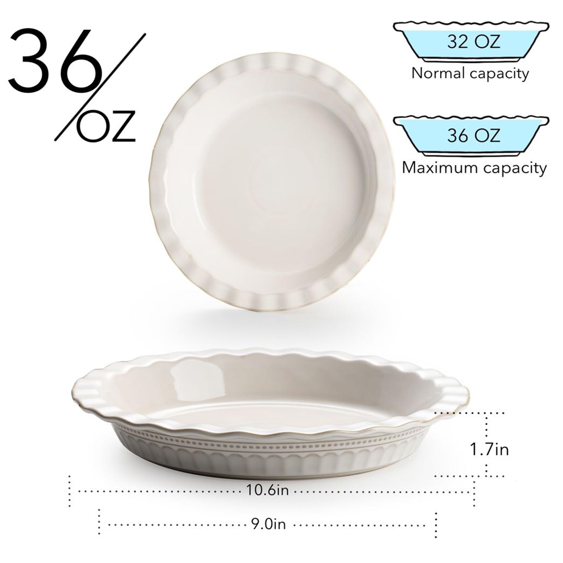 2-Pack 9 Inch Ceramic Pie Pans for Baking - Vintage Farmhouse Style Round Pie Dish, Oven & Dishwasher Safe, Off-White - Perfect for Apple Pies, Pumpkin Pies & Holiday Desserts