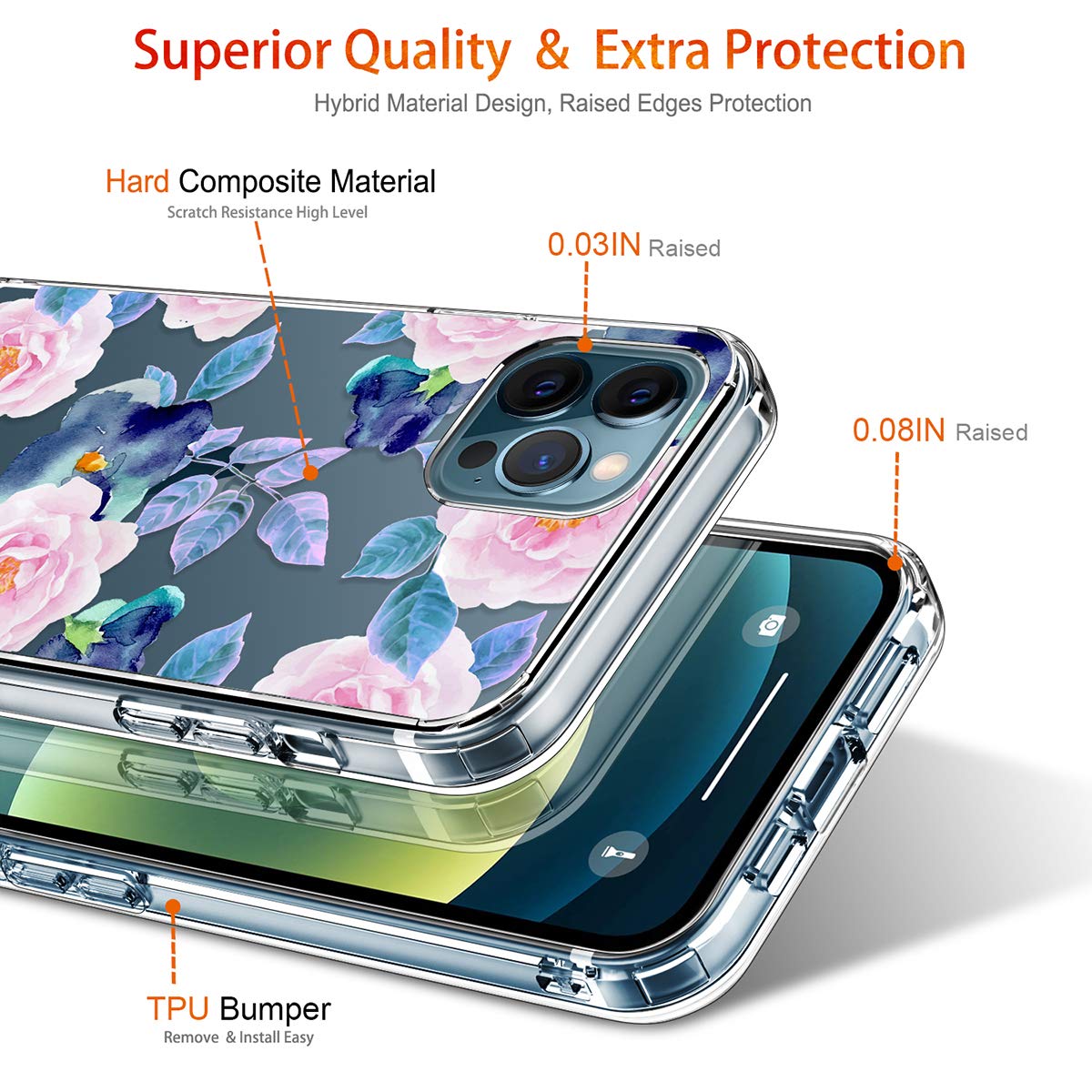 GiiKa iPhone 12 Pro Max Case with Screen Protector - Clear Shockproof Floral Design Hard Case with TPU Bumper - Protective Phone Cover for Women & Girls (Pink Blue Flowers) - Perfect for Everyday Use, Work & Travel Protection