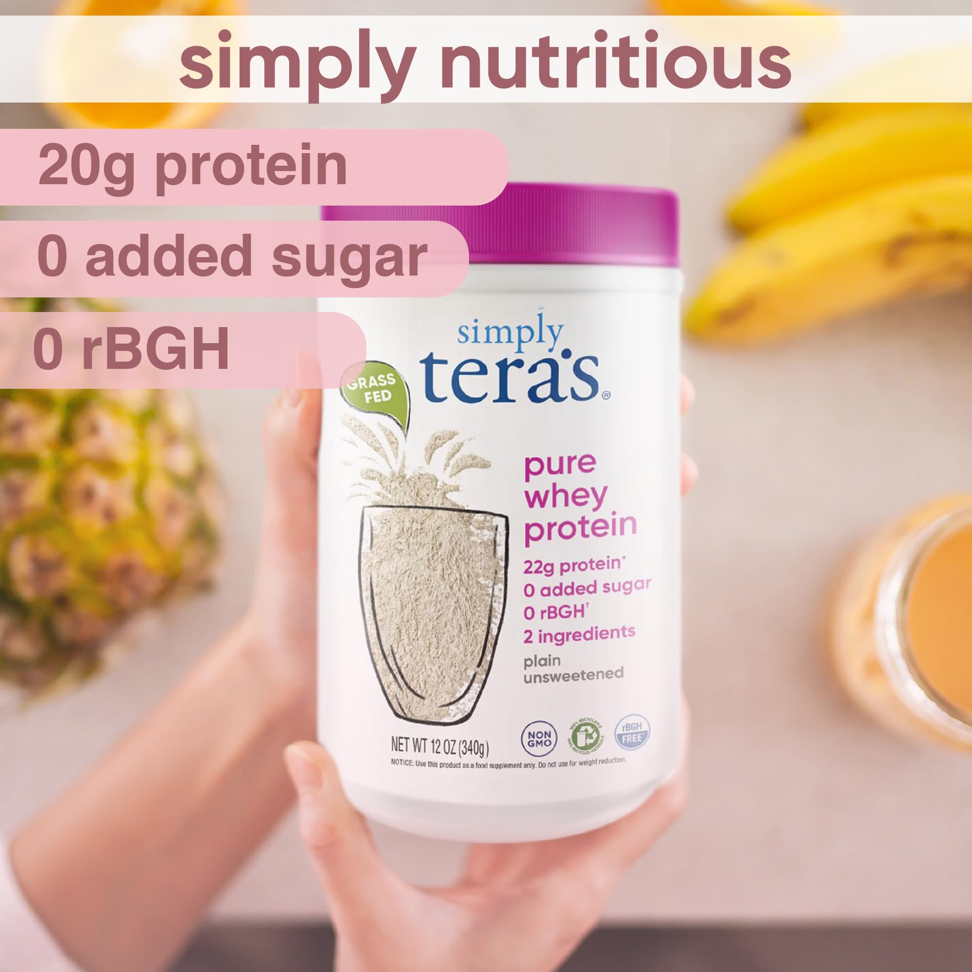Simply Tera's Grass-Fed Pure Whey Protein Powder - Unflavored, Non-GMO, Kosher, Unsweetened Clean Protein Supplement (12 Oz) - Ideal for Post-Workout Recovery, Muscle Building & Healthy Lifestyle