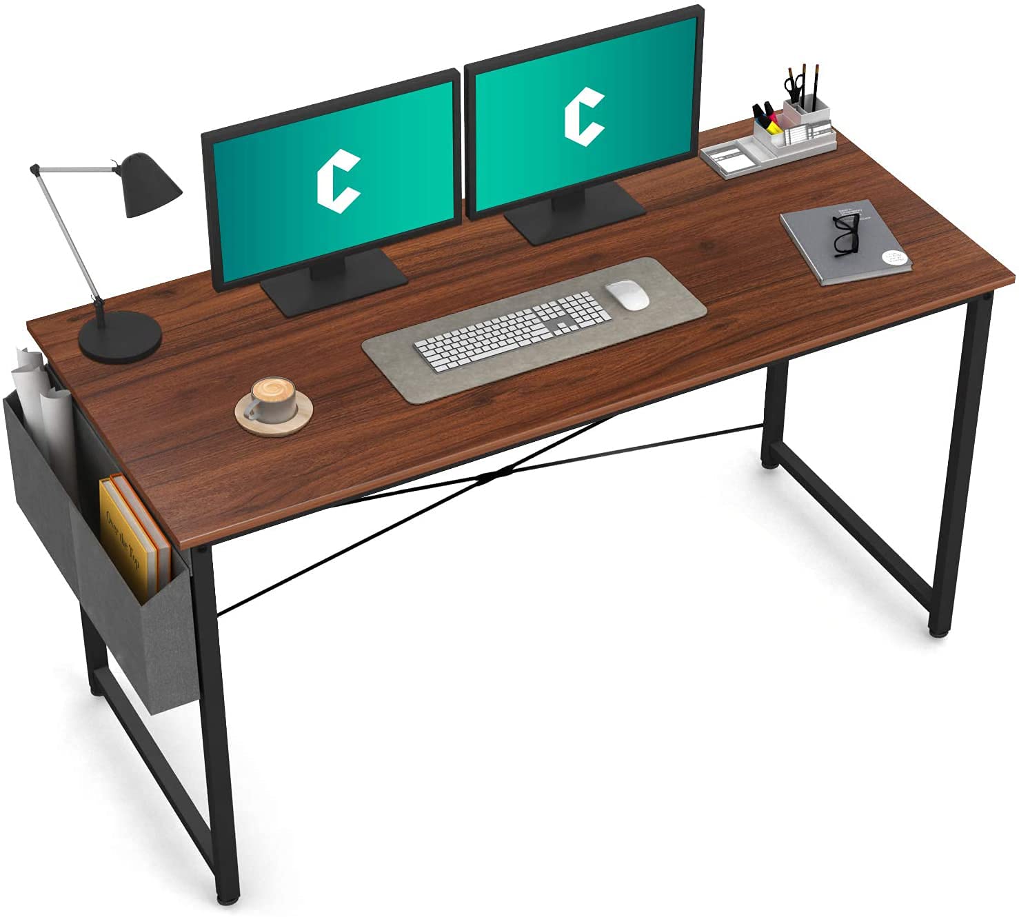 Cubiker 55 Inch Modern Computer Desk for Home Office, Study & Writing - Simple Style Laptop Table with Storage Bag in Walnut Finish - Perfect for Small Spaces, Gaming & Remote Work