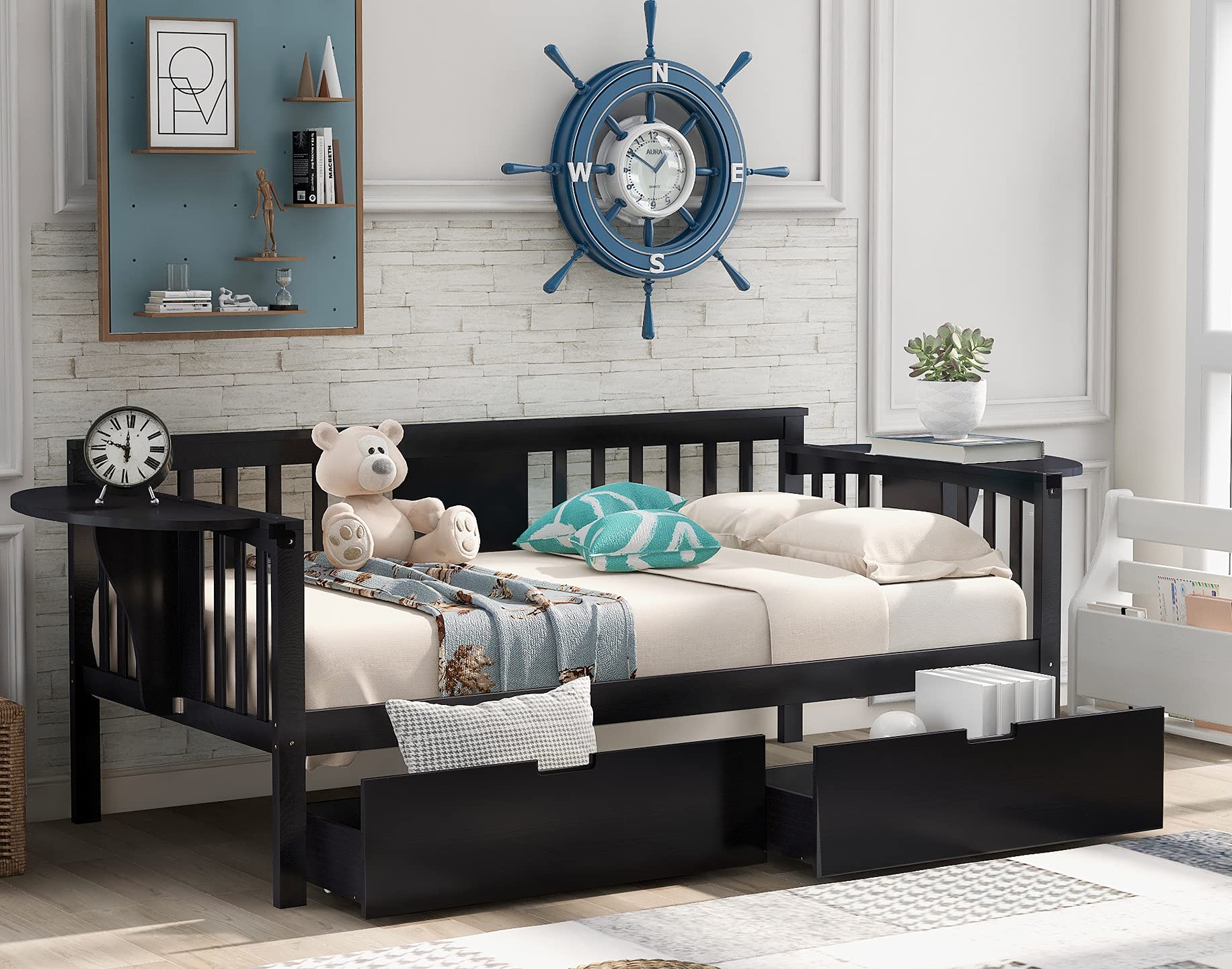 Twin Size Daybed with Storage Drawers - Convertible Sofa Bed for Living Room, Guest Room & Small Spaces - Twin Daybed Frame with Foldable Side Table - Espresso Finish - Perfect for Apartments, Dorms & Home Offices