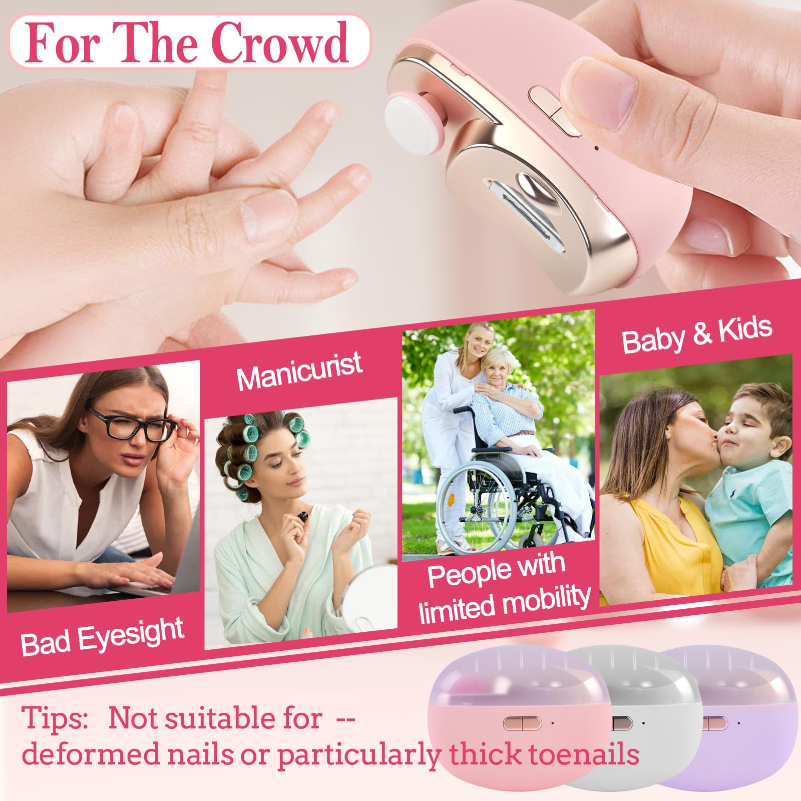 3-in-1 Electric Nail Clipper for Adults - Upgraded Automatic Nail Trimmer with Collector, Safe & Precise Fingernail Clippers - Perfect Gift for Men & Women (Cute Pink) - Ideal for Travel, Home Use & Elderly Care