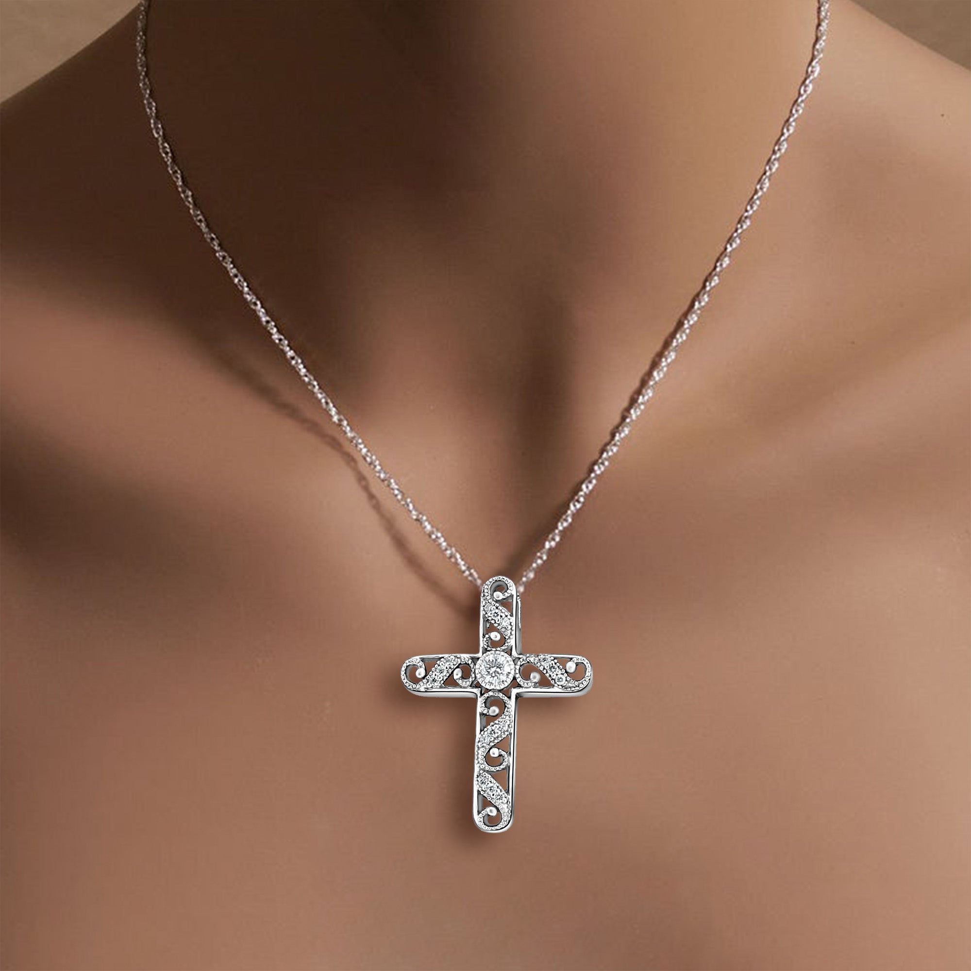 14K White Gold Diamond Cross Necklace .49cttw - Elegant Religious Jewelry for Women, Perfect for Gifts, Church, Weddings & Special Occasions