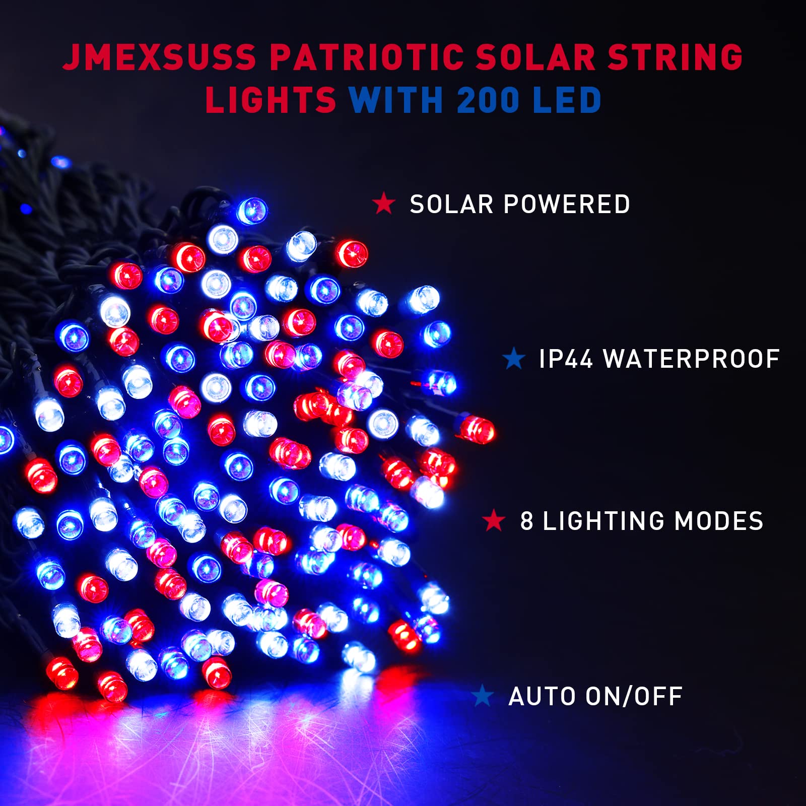 JMEXSUSS 2 Pack 100 LED Red White Blue Solar String Lights - 33ft Waterproof Patriotic Lights with 8 Modes for 4th of July, Independence Day, Garden, Tree, Yard, Patio - Perfect for Outdoor Decorations & Party Lighting