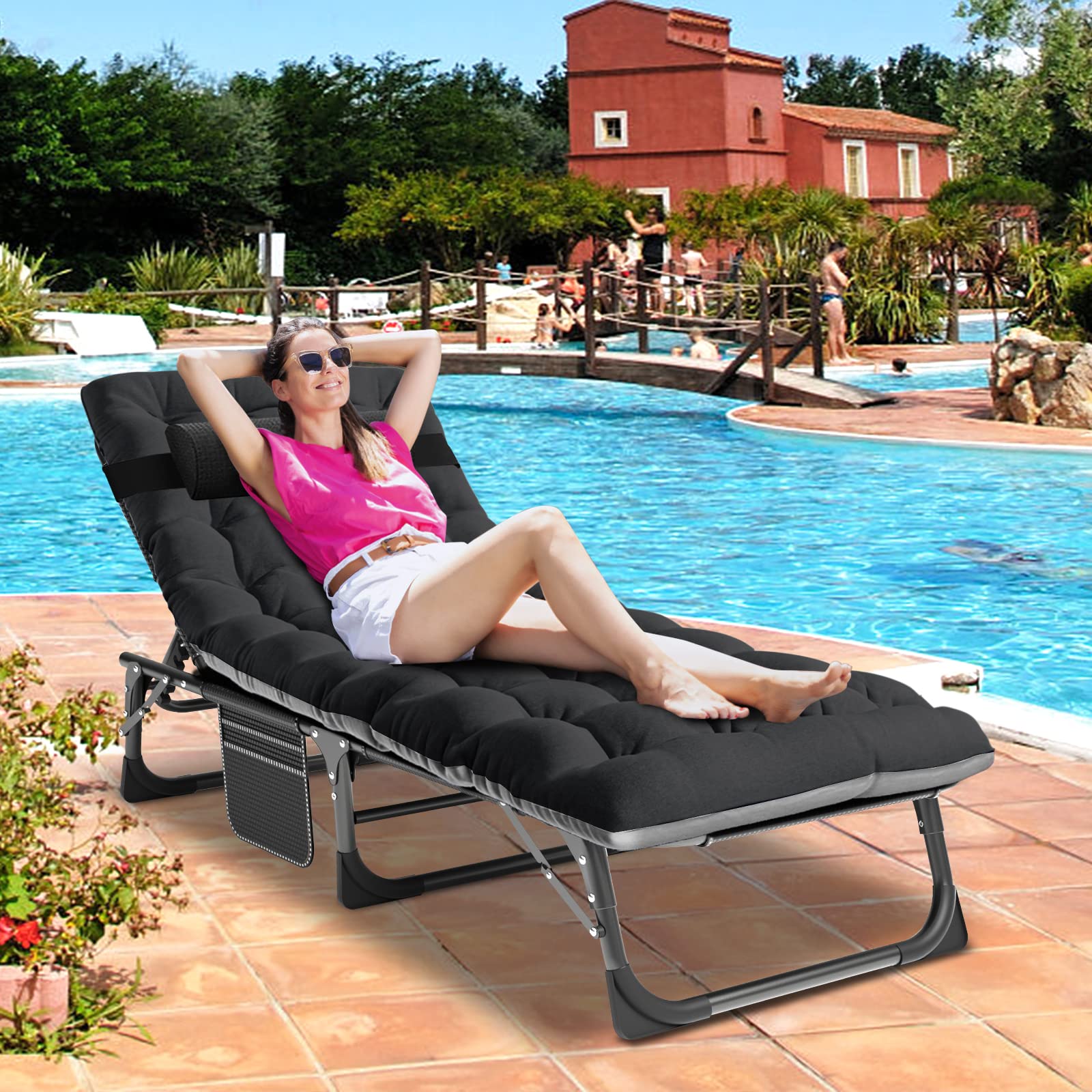 DoCred 5-Position Adjustable Folding Lounge Chair with Mattress - Portable Sleeping Bed Cot for Outdoor Sunbathing, Camping, Beach, Poolside & Patio Relaxation - Perfect for Backyard, Travel & Picnic Use