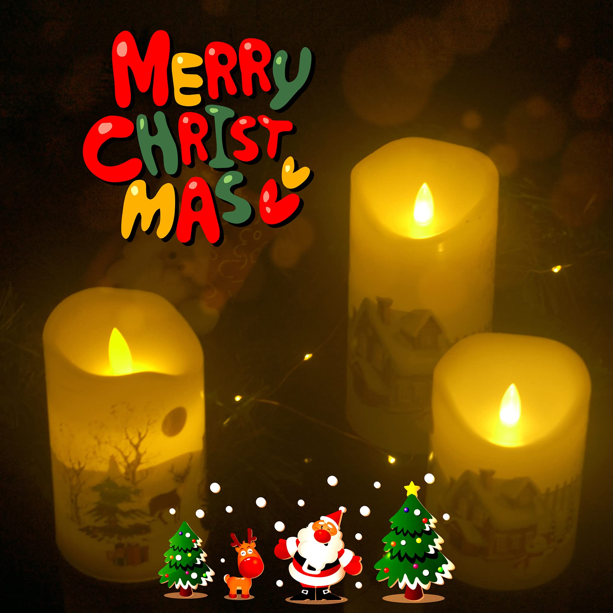 Real Wax Flameless LED Candles with Remote & Timer - 3 Pack Battery Operated Electric Pillar Candles with Realistic Flickering for Christmas Decor (Reindeer/Snowman/Tree Decals) - Perfect for Holiday Home Decor, Winter Centerpieces & Cozy Ambiance