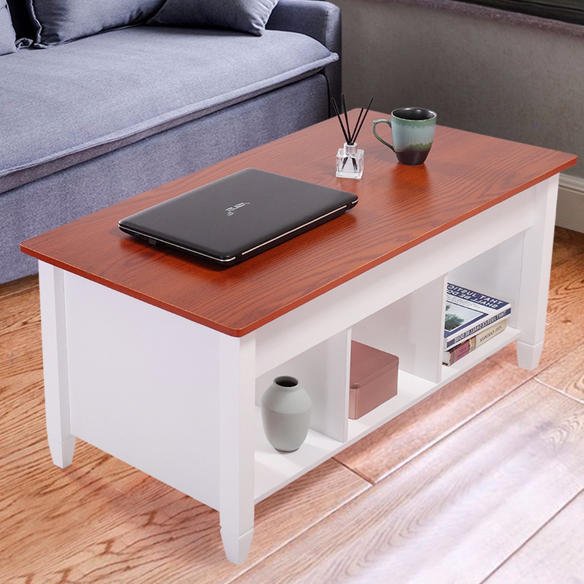 Lift Top Coffee Table with Storage Compartment - Solid Wood Laptop Desk for Home Office, Living Room & Bedroom - Multi-Functional Lift Top Table for Work, Study & Dining