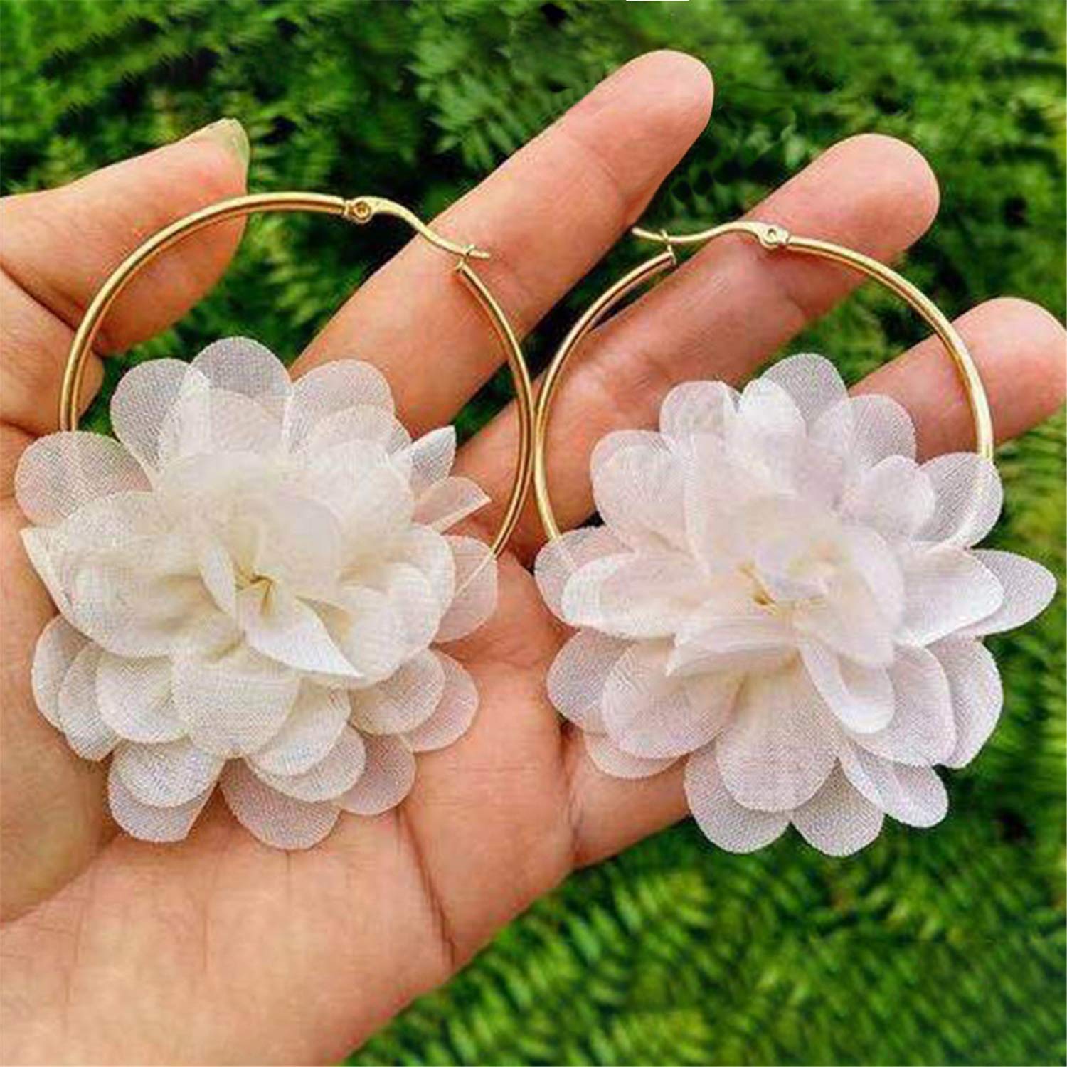 Lightweight Bohemian Big Fabric Flowers Dangle Drop Earrings - Handmade Floral Petal Hoop Earrings with Chiffon Tassel for Women | Perfect for Vacation, Wedding & Boho Fashion (White)