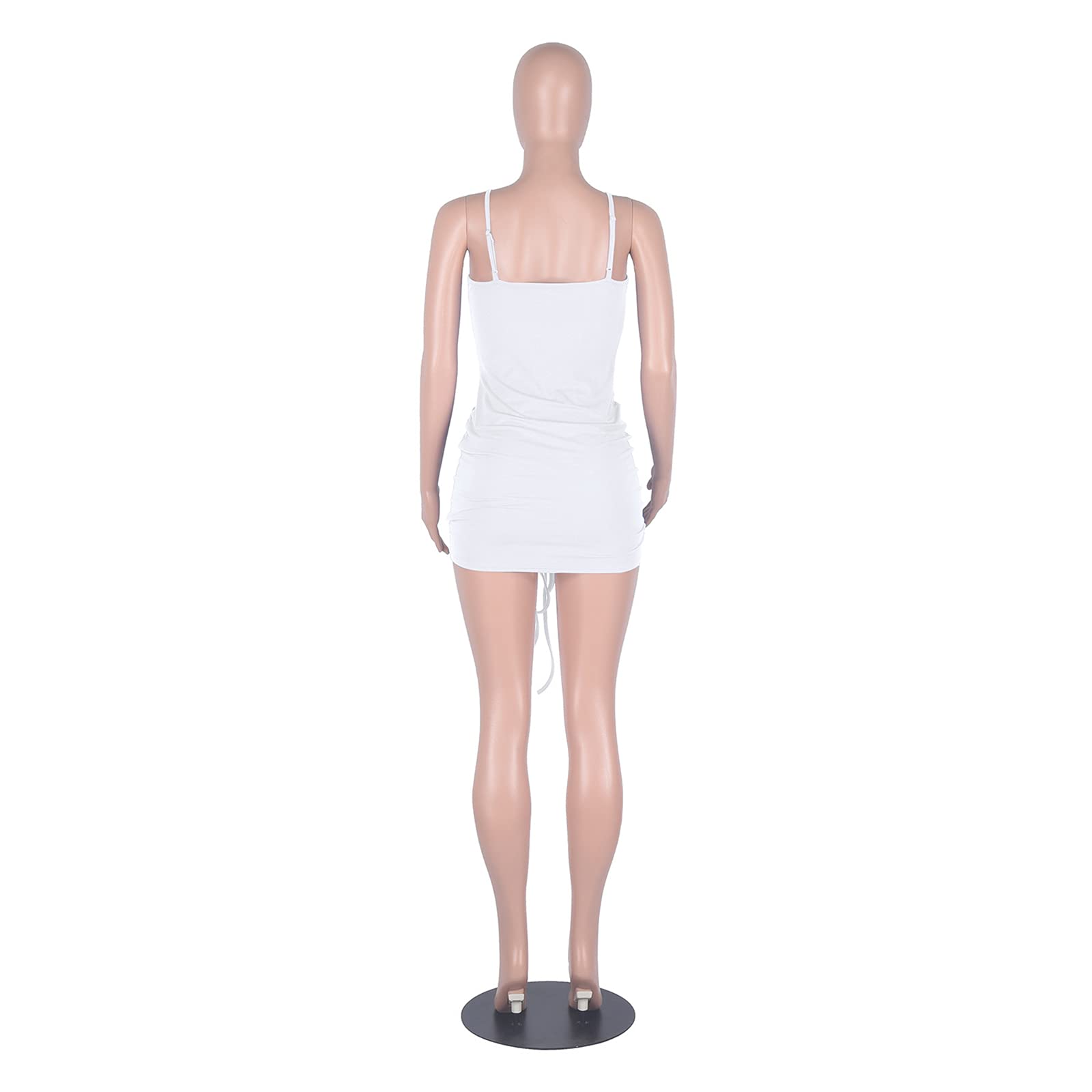 GEMEIQ Women's Sexy Spaghetti Strap Ruched Bodycon Mini Dress - Summer Club Party Outfit, Drawstring Waist, White (Size M) | Perfect for Night Out, Date Night & Beach Vacations