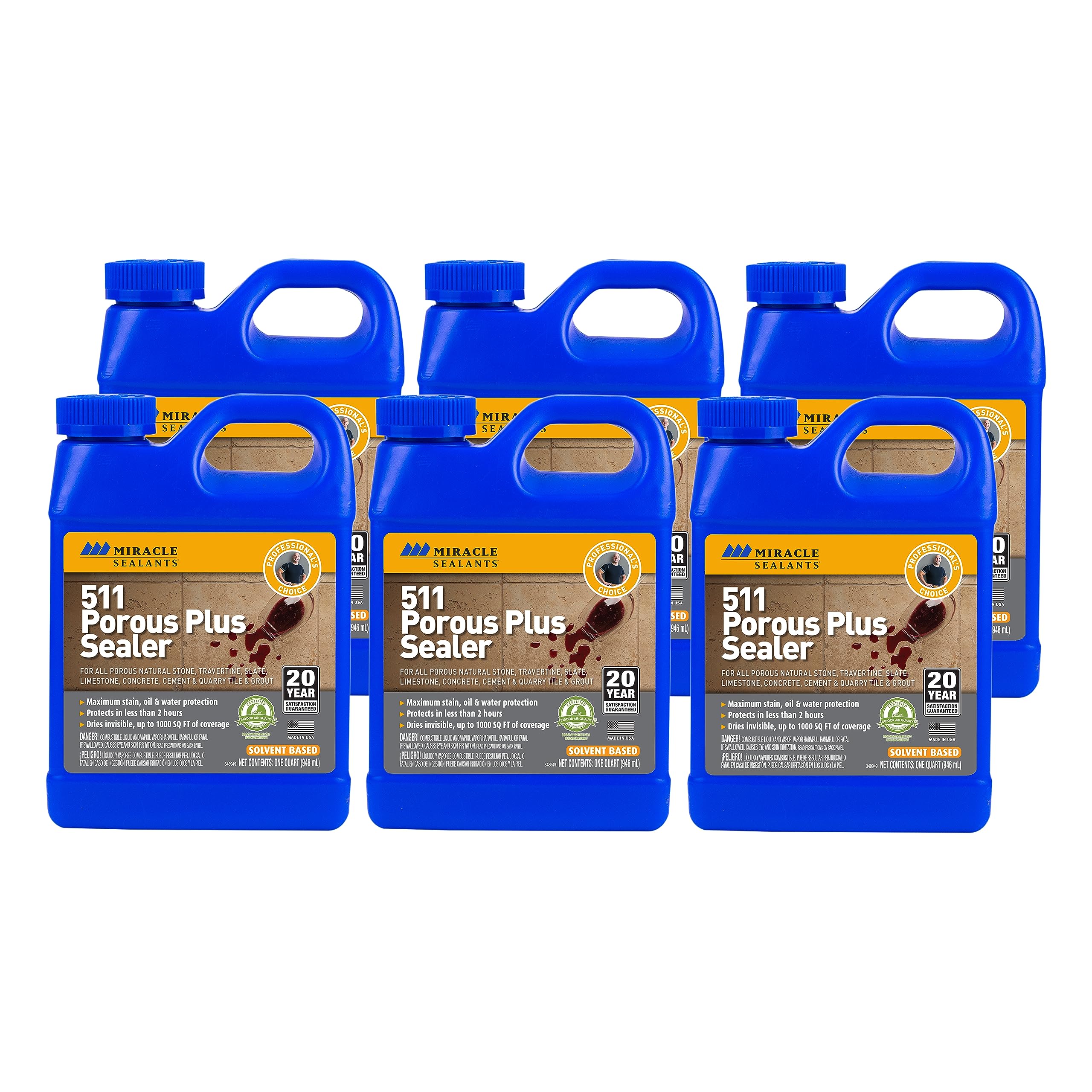 Miracle Sealants PLUSQT6 511 Porous Plus Penetrating Sealer - 6 Pack Quart Clear - High-Performance Stone & Tile Sealer for Natural Stone, Concrete, Pavers & Grout - Perfect for Indoor & Outdoor Use in Kitchens, Bathrooms, Patios & Driveways