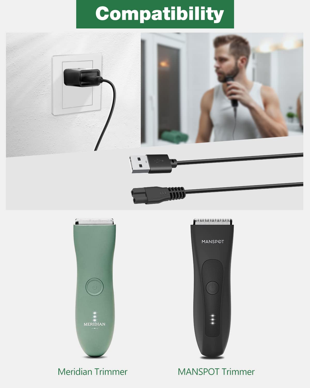 5V USB Charging Cable & AC/DC Adapter for Meridian Shaver & Trimmer - Compatible with Meridian Electric Body & Pubic Hair Groomers - Power Supply Cord for Home, Travel & Gym Use