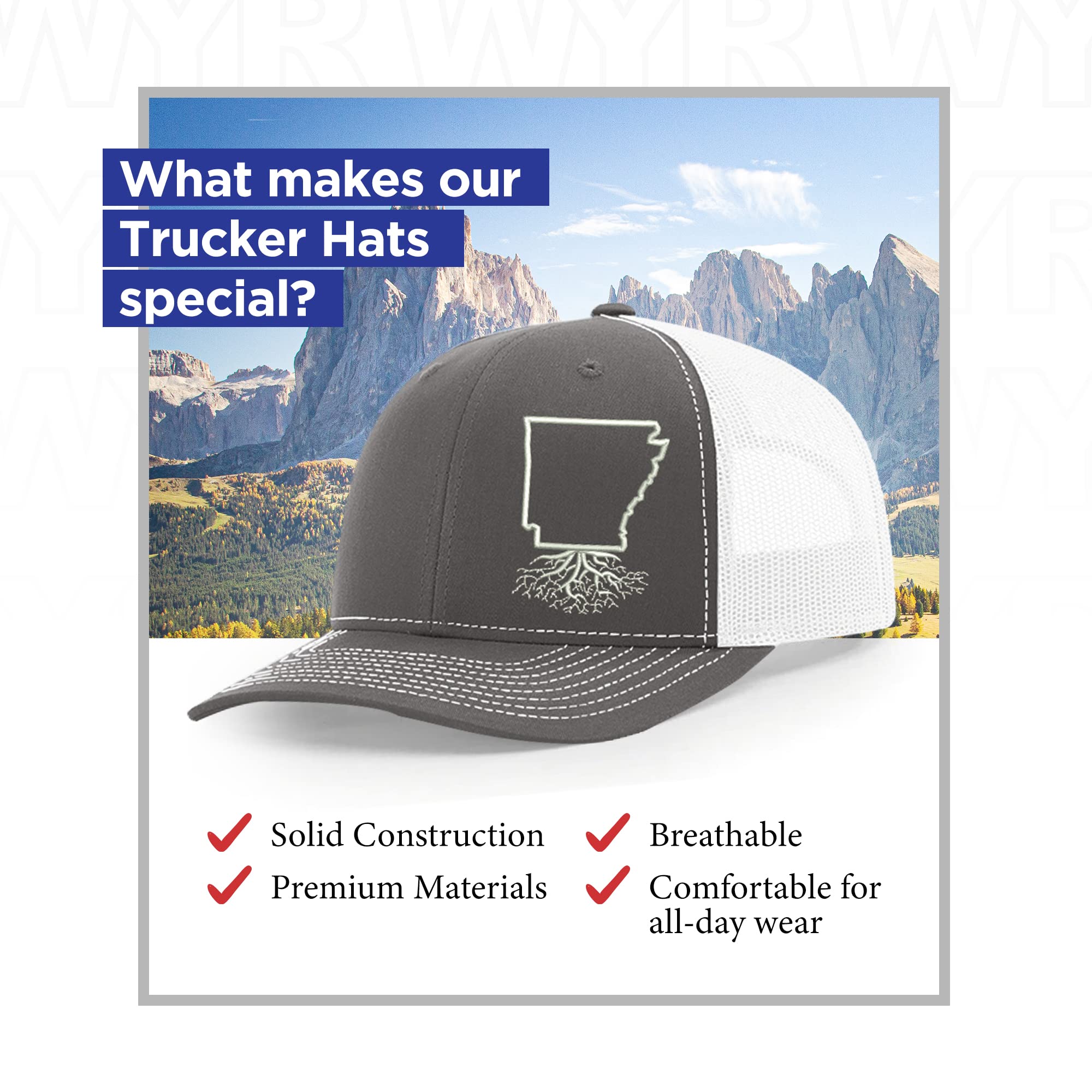 Arkansas Roots Snapback Hat - Stylish Unisex Baseball Cap with Mesh Back, Polyester Cotton Six-Panel Trucker Hat (Charcoal & White) - Perfect for Outdoor Activities, Sports & Casual Wear
