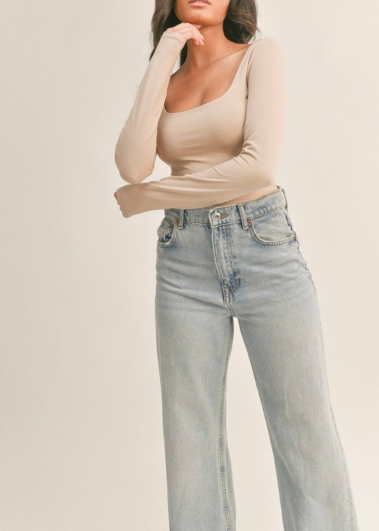 Self Double Scoop Neck Long Sleeve Bodysuit in Taupe - Women's Stretchy Basic Bodysuit for Layering, Casual Wear & Everyday Outfits