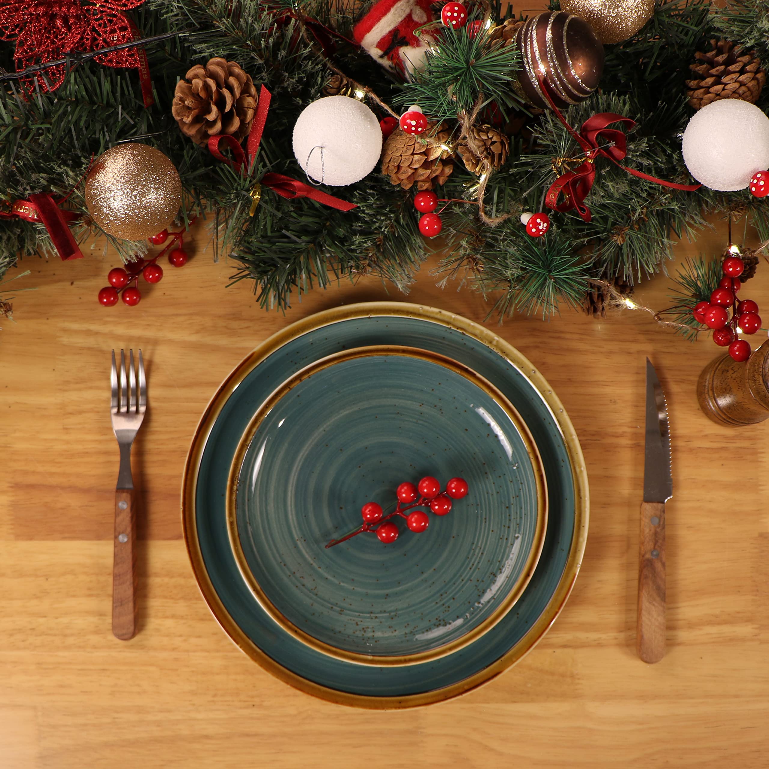 ONEMORE 6-Piece Ceramic Dinner Plates Set - 8.5 Inch Stoneware Appetizer, Salad & Dessert Plates - Oven, Microwave & Dishwasher Safe - Stackable Rustic Kitchen Porcelain Dishes in Teal - Perfect for Family Dinners, Parties & Restaurant Use