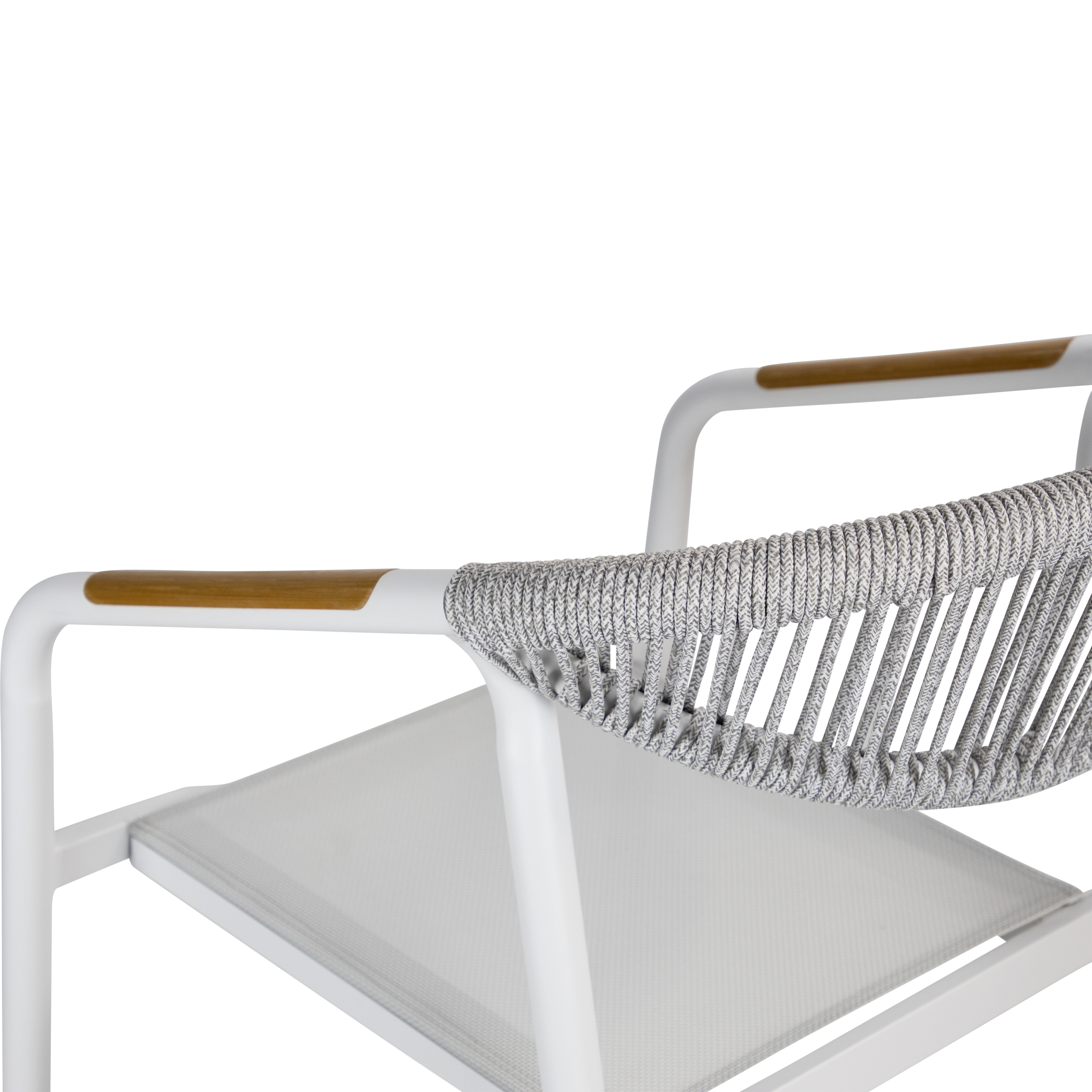 Amalfi Dining Chair - Arctic White Olefin Rope with Polywood Teak Accent & Stone Grey Textilene - Outdoor Patio, Poolside & Beachfront Furniture for Resorts, Restaurants & Backyard Dining