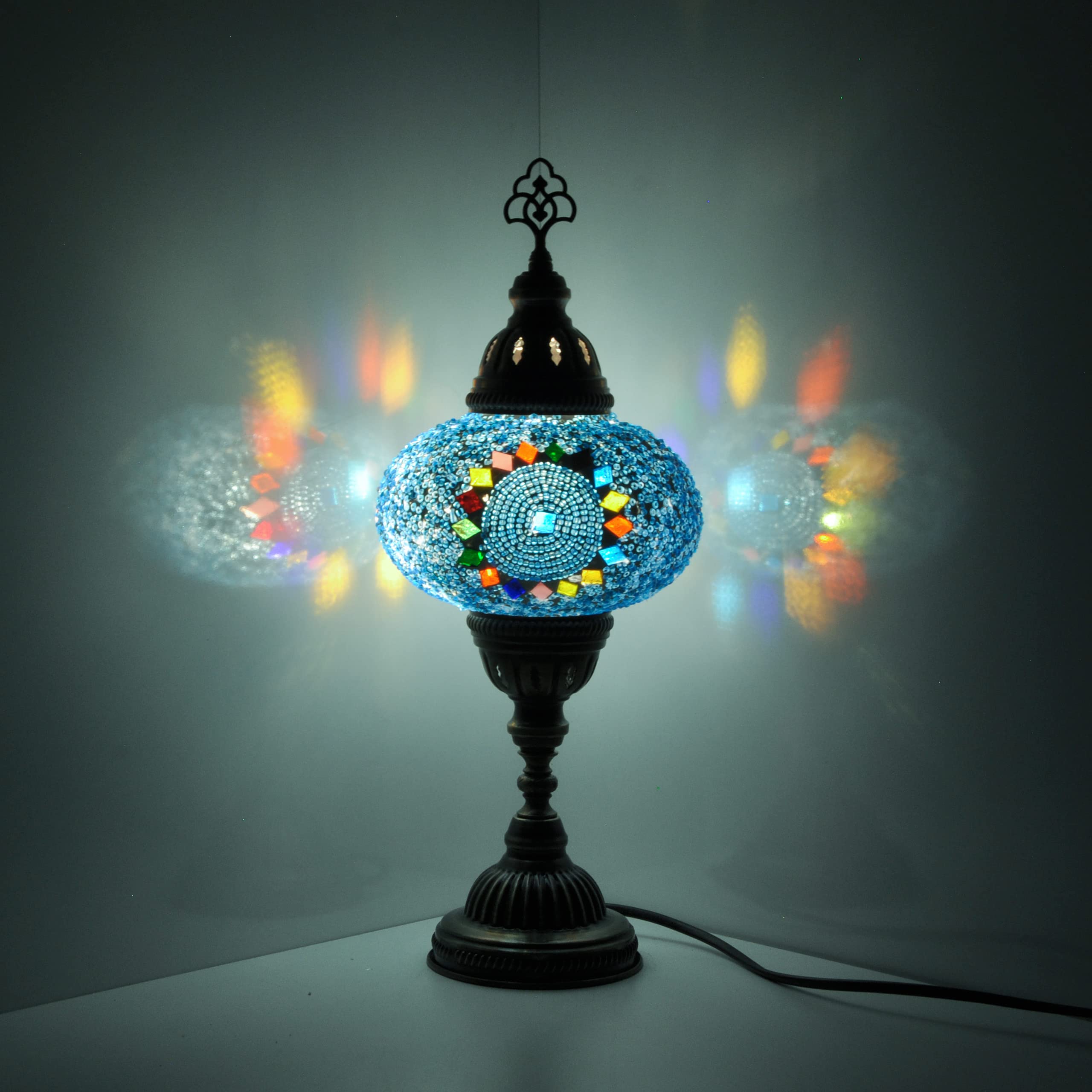 10 Styles Mosland Handmade Turkish Mosaic Table Lamp - Bronze Base Moroccan Tiffany Night Light with LED Bulb | Bedside & Living Room Decor | Perfect for Home, Office & Gift Giving (Blue)