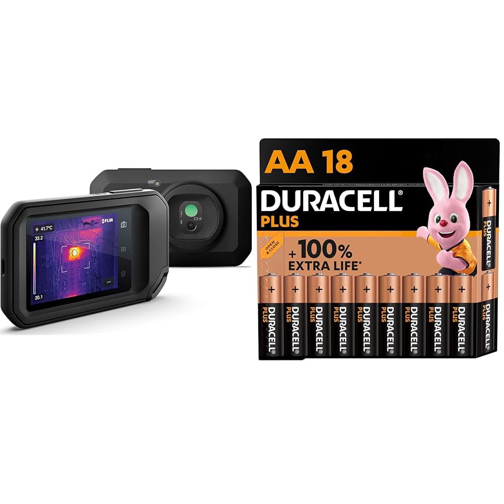 FLIR C3-X Compact Thermal Imaging Camera with WiFi - High Resolution Infrared Camera for Home Inspection, Electrical Maintenance & HVAC - Includes Duracell Plus AA Batteries (18 Pack) - Alkaline 1.5V with Extended Battery Life - Perfect for Professional Contractors, Electricians & DIY Home Repairs