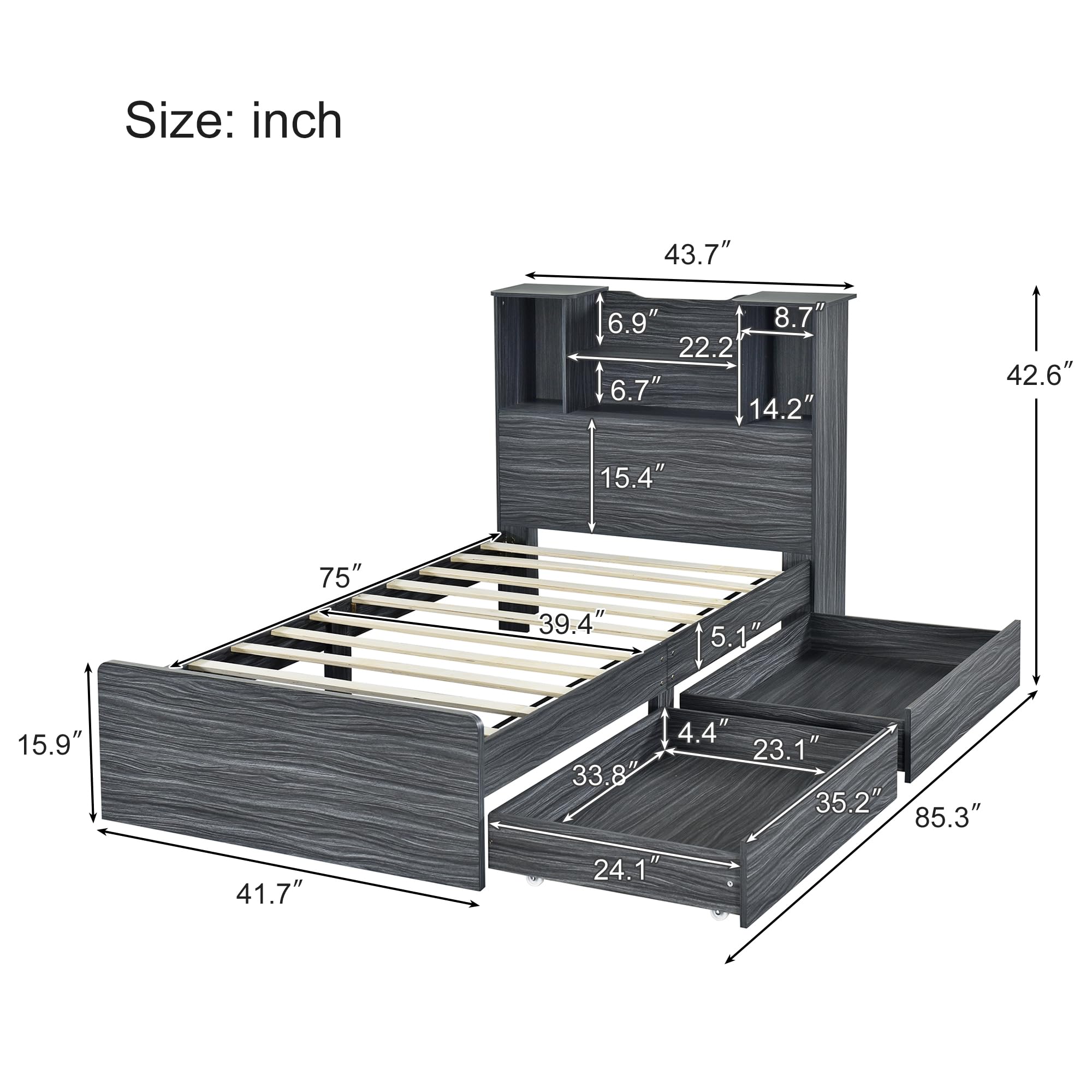 P PURLOVE Twin Size LED Light Bed Frame with Storage Headboard & Drawer - Solid Wood Platform Bed with Slats for Kids, Teens & Adults in Gray - Perfect for Small Bedrooms, Dorm Rooms & Guest Rooms