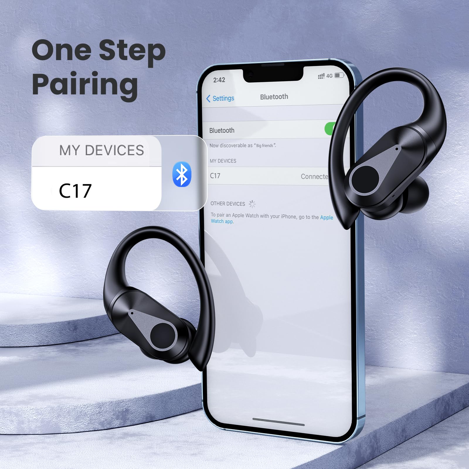 Wireless Bluetooth Earbuds with 90Hrs Playtime, IPX7 Waterproof, Wireless Charging Case & LED Power Display - Stereo Bass Sports Earphones with Over-Ear Earhooks (Black) - Perfect for Running, Gym Workouts & Outdoor Activities
