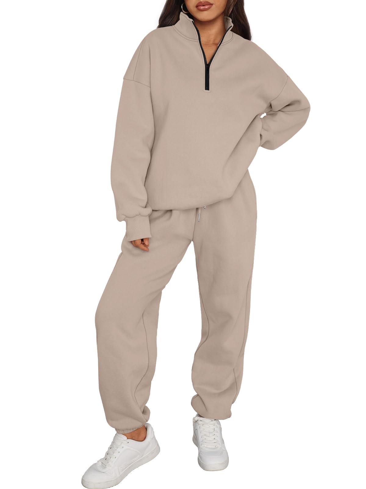 Trendy Queen Women's 2-Piece Outfits - Long Sleeve Half Zip Sweatshirt & Fleece Joggers Set | Cozy Lounge Wear for Home, Gym & Casual Outfits
