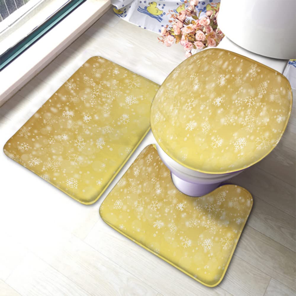 Zaueky Snowflake 3-Piece Bathroom Rug Set - Non-Slip Bath Mat with Rubber Backing, U-Shaped Contour Rug & Toilet Lid Cover - Winter Snowfall Design with Golden Gradient - Perfect for Bathroom Decor & Home Comfort